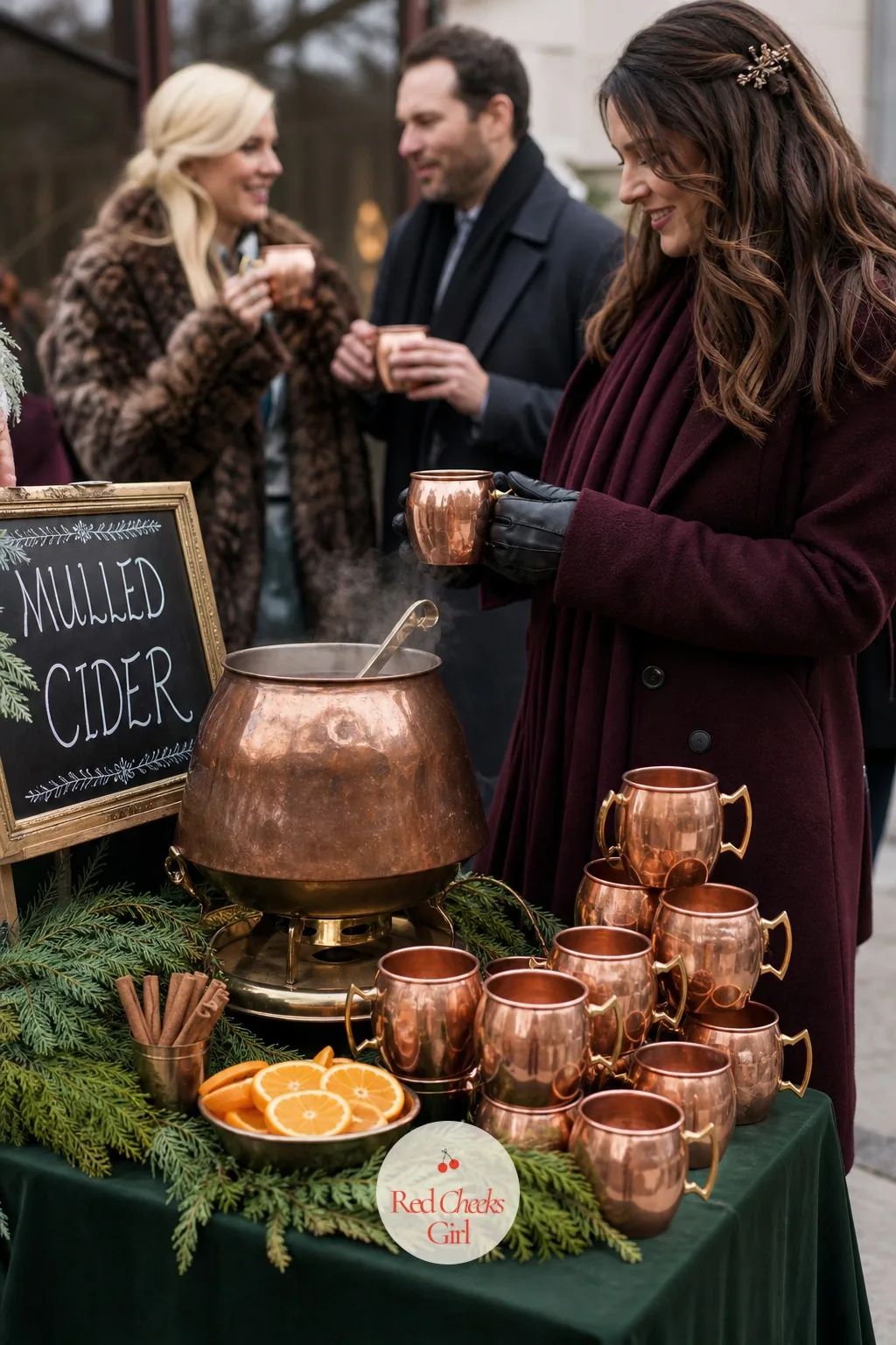 Mulled Cider Station in Copper Mugs — A full bar line is the last thing guests want to stand in when their fingers are already cold from getting out of the