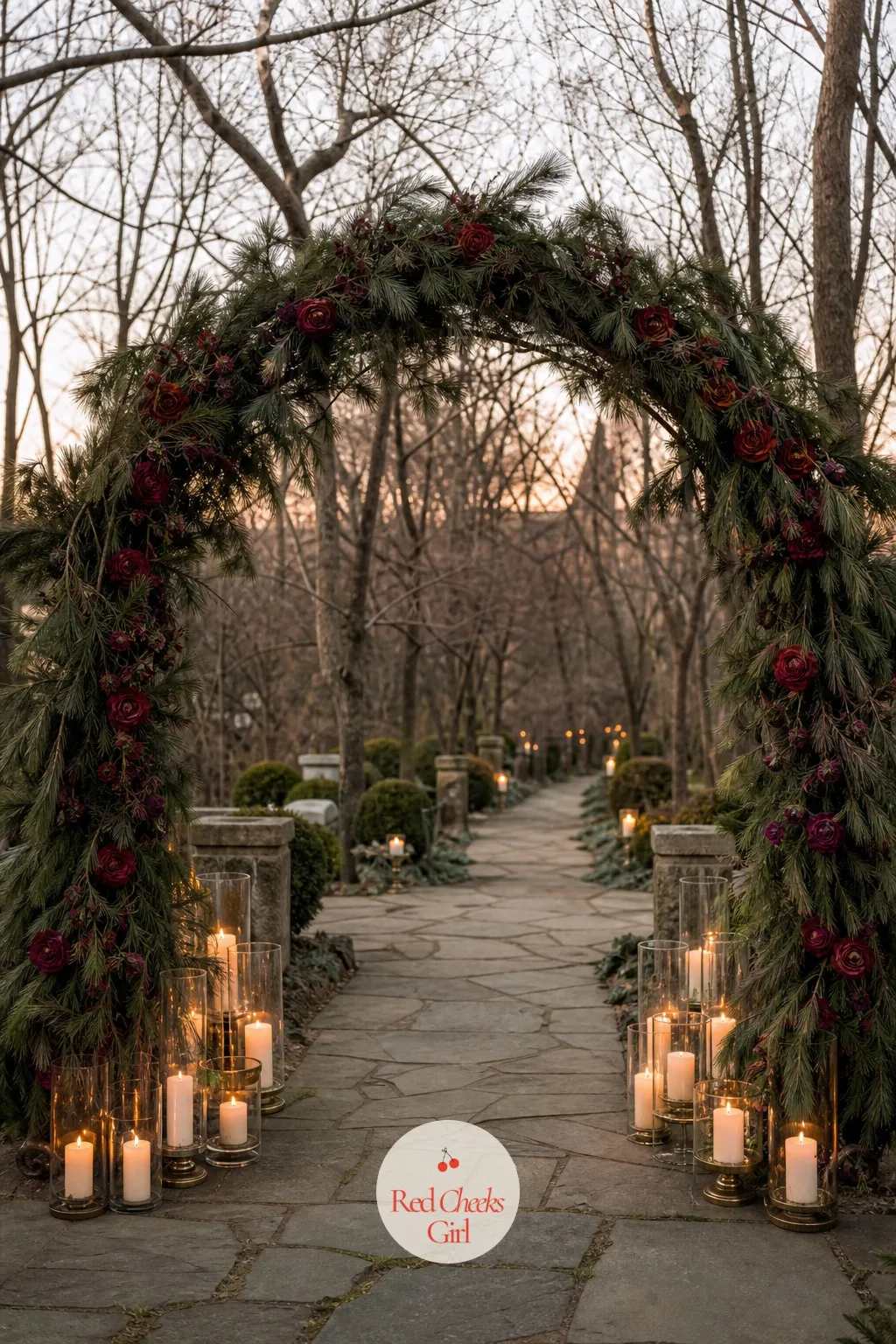 Pine Branch Arch With Candlelight — An arch full of flowers droops by the time the vows are said, and nobody wants to watch it wilt mid ceremony. Winter