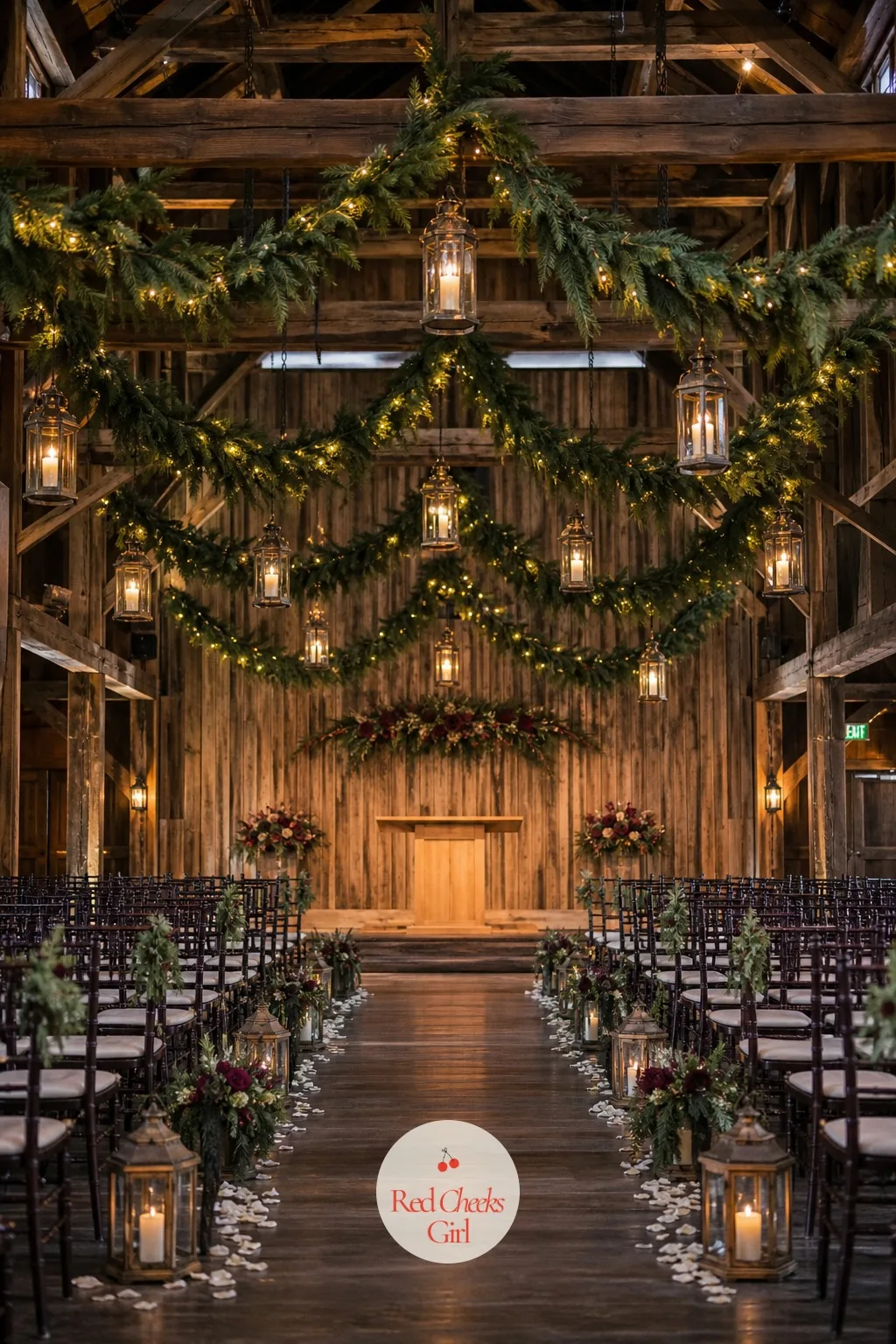 Pine Garland Draped Ceremony Beams With Hanging Lanterns — Exposed barn beams look stark and cold with nothing on them, no matter how nice the chairs below
