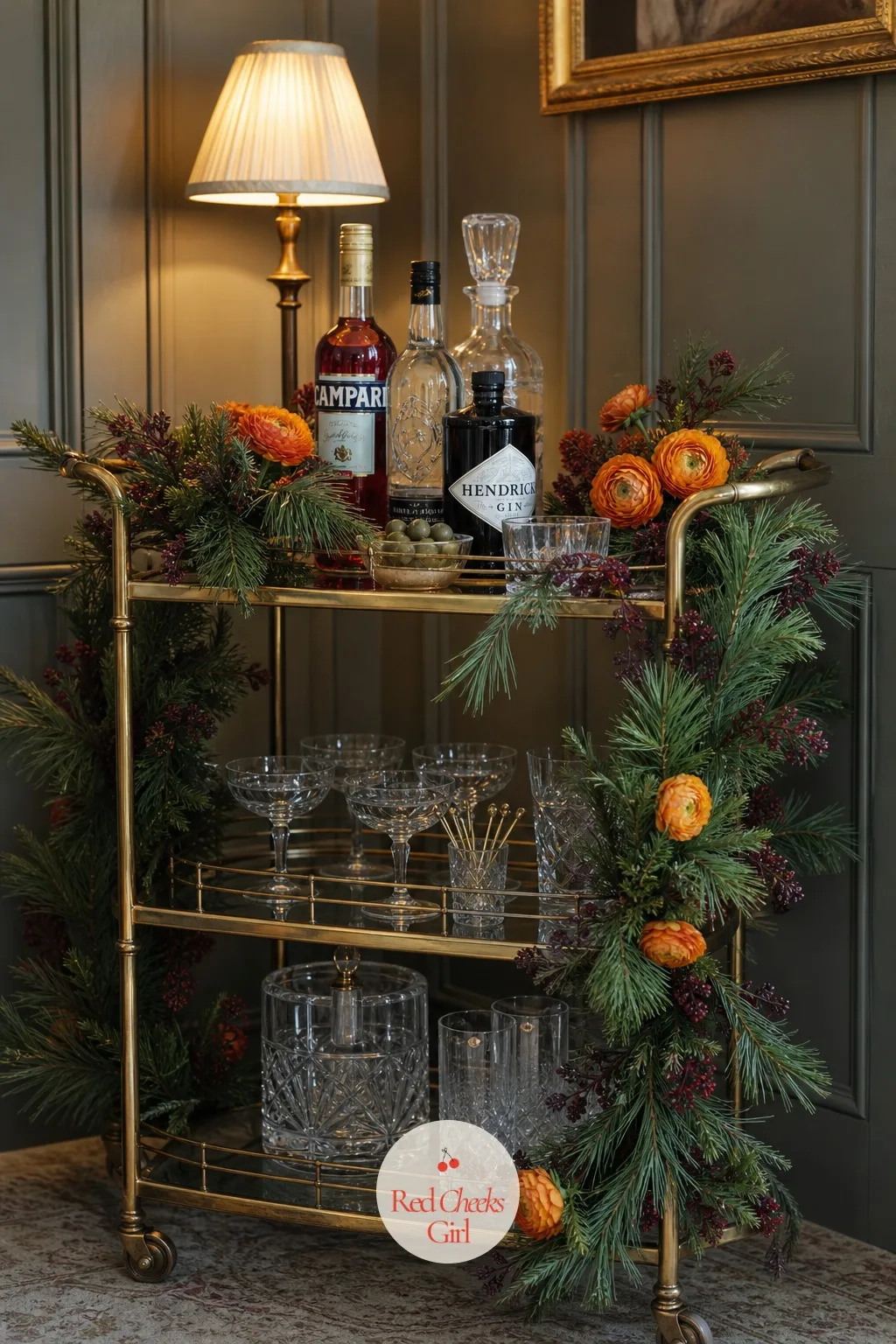 Pine Garland Wrapped Bar Cart for Cocktail Hour — The bar is where guests spend the most time waiting around, so it should look like someone planned it rather