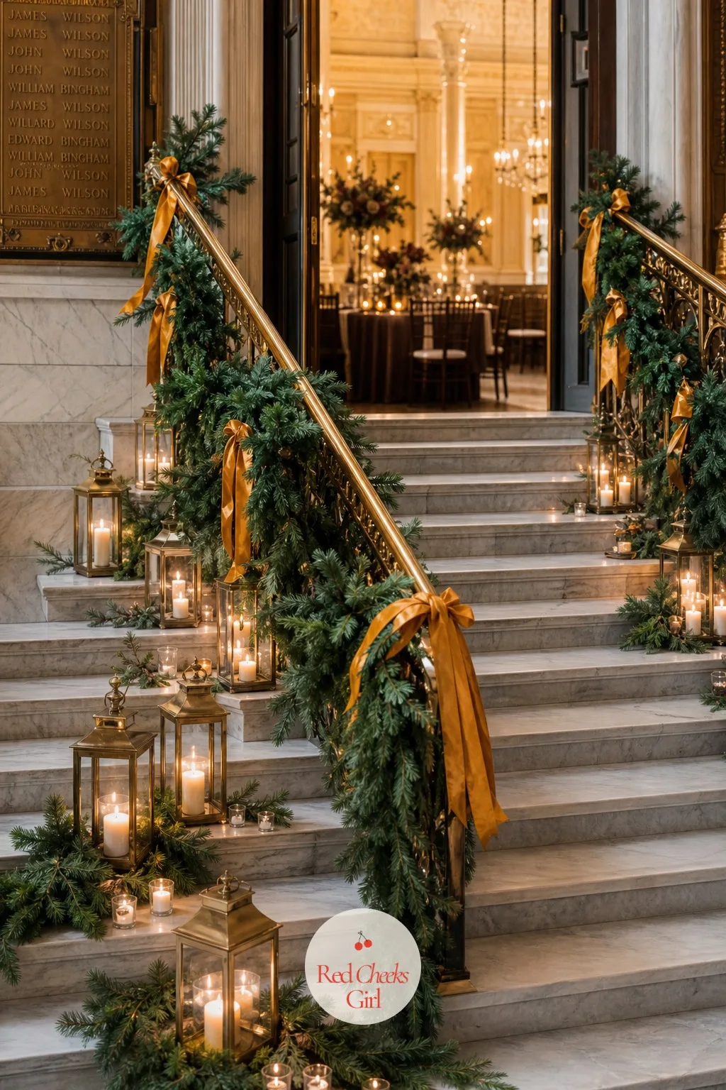 Pine and Lantern Lined Staircase Entrance — Guests form their first impression of the room at the door, not at the table, and a bare staircase wastes that