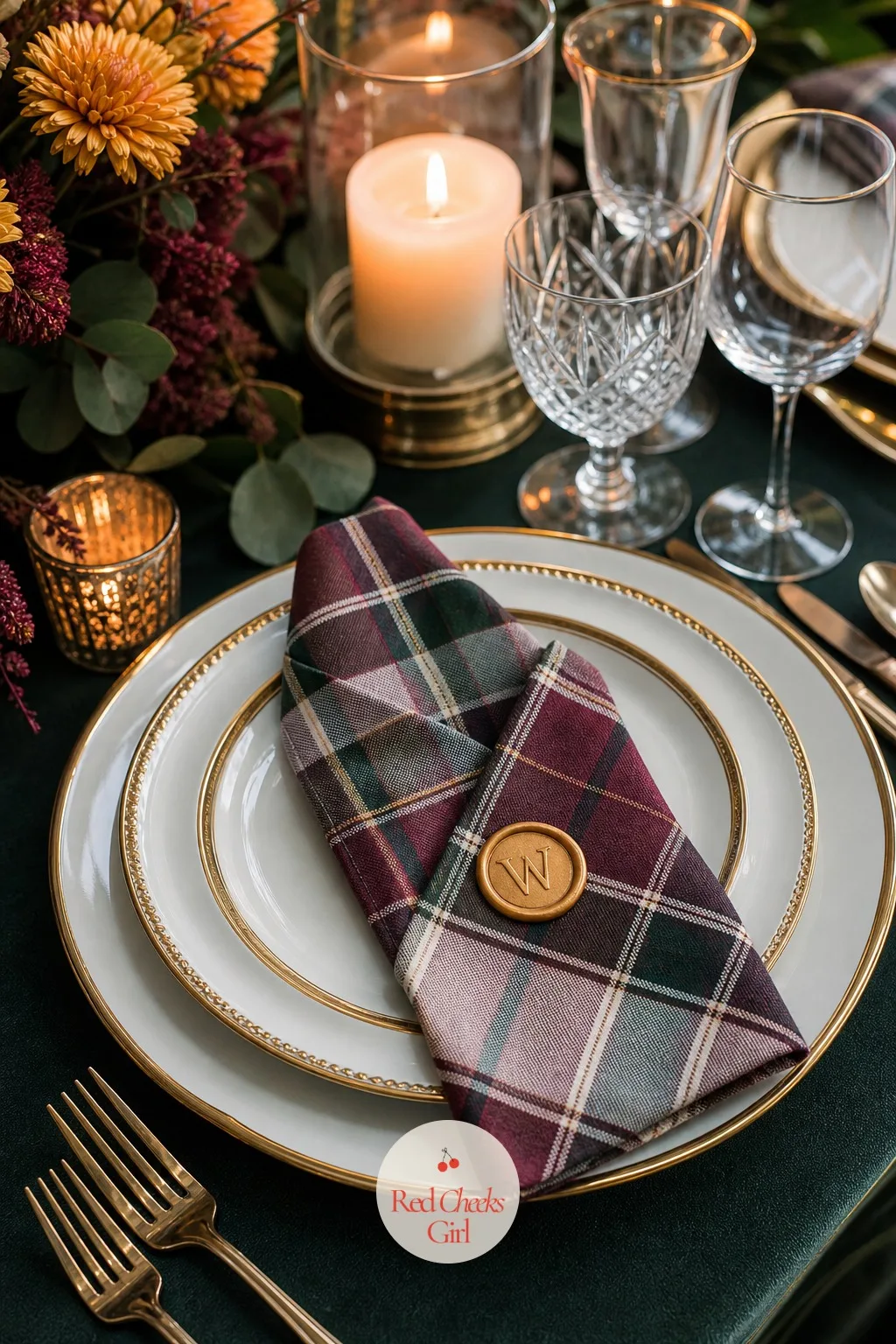 Plaid Napkin Fold With a Marigold Wax Seal — A plain folded napkin is the one thing at the place setting nobody ever notices, until it is the only thing not