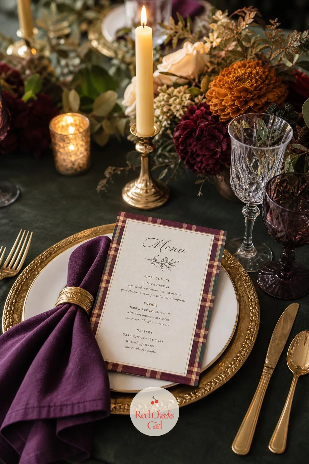 Plaid-Bordered Menu Cards at Each Setting — The menu card usually gets read once and forgotten, so it may as well earn its spot on the table while it has her