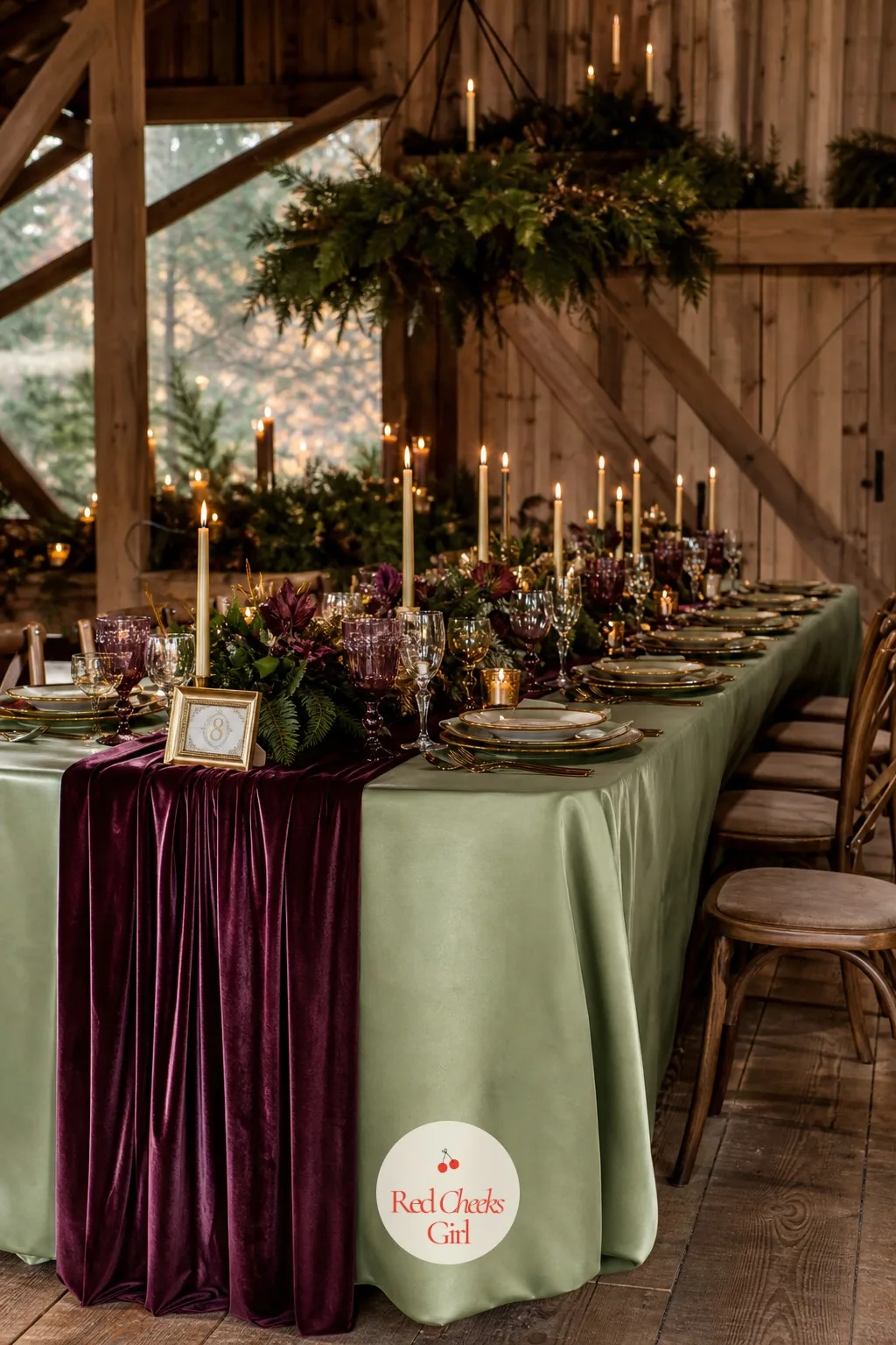 Plum Velvet Over Sage Satin Layered Tablecloth — A single flat tablecloth looks like a conference room no matter how nice the plates sitting on it are. Winter