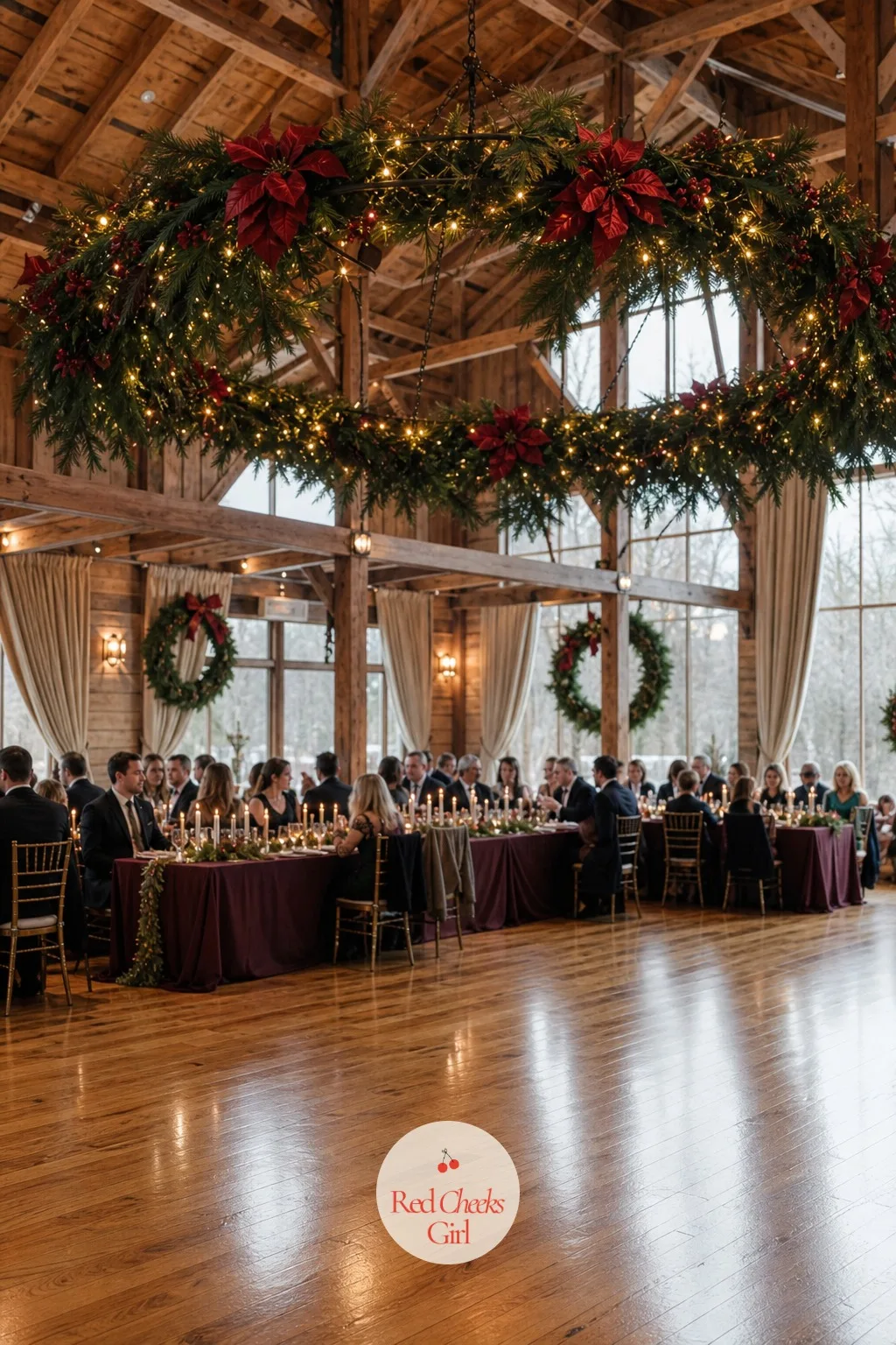 Poinsettia and Pine Chandelier Over the Dance Floor — A plain light fixture over the dance floor looks unfinished the moment every table around it is dressed.
