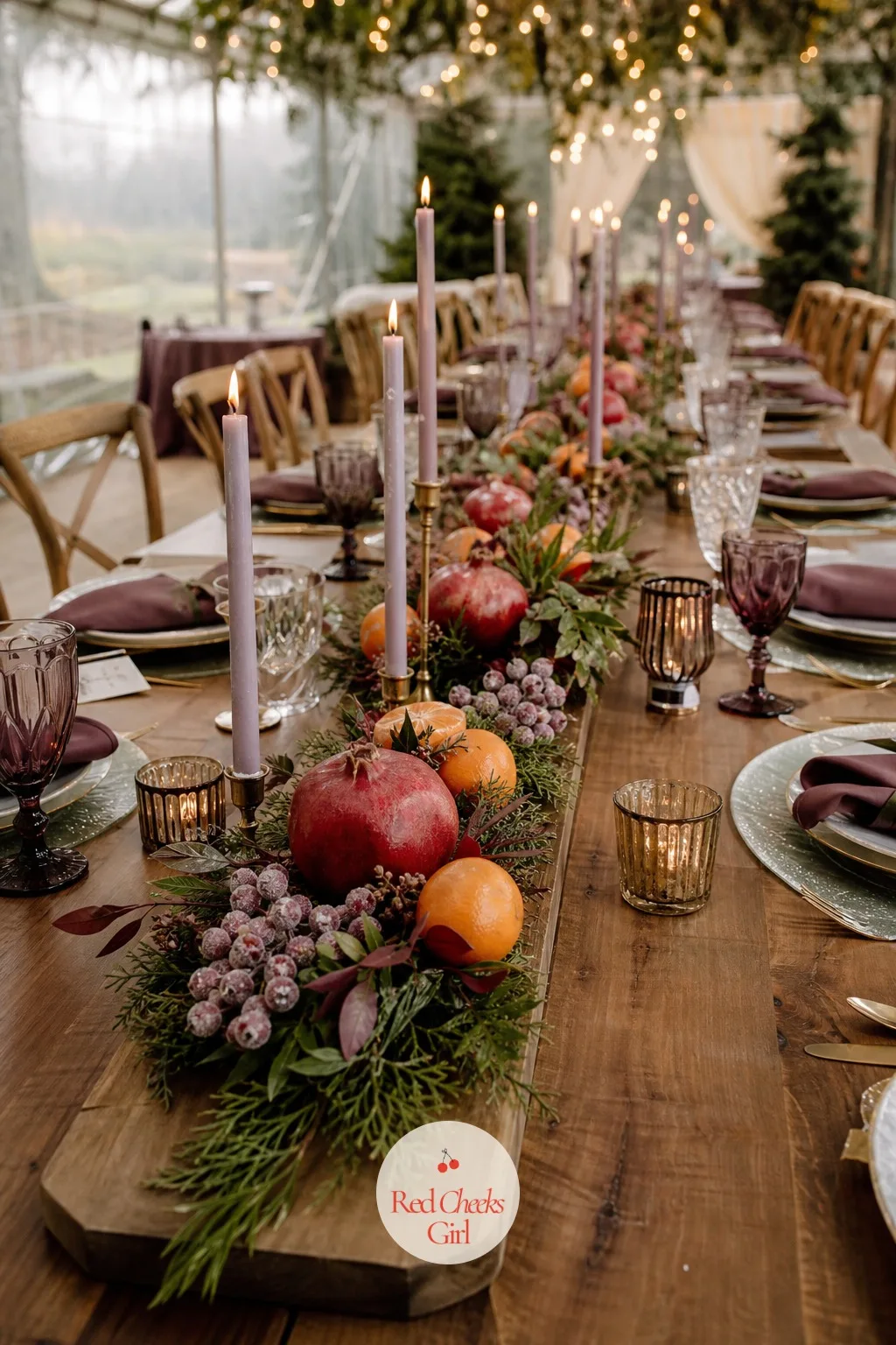 Pomegranate, Clementine and Sugared Cranberry Centerpiece Runner — Florals alone in winter cost a fortune and fade fast under indoor heat anyway. Winter