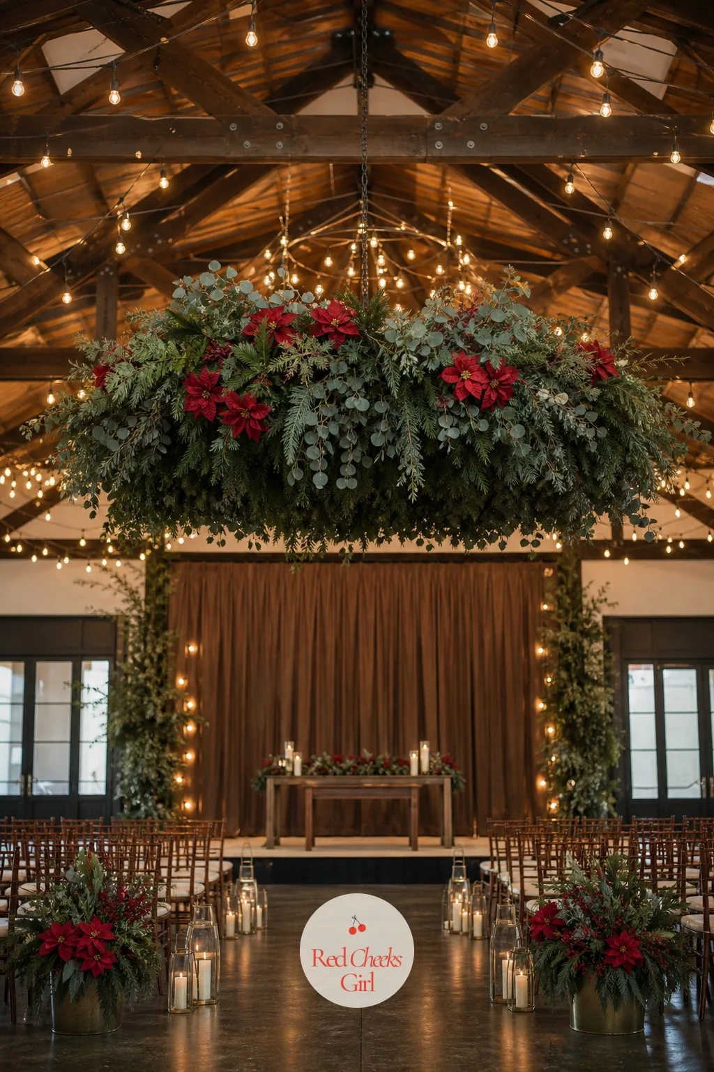 Suspended Evergreen and Poinsettia Cloud Above the Altar — Looking up at bare rafters is not the moment she pictured saying her vows under. Winter wedding ideas
