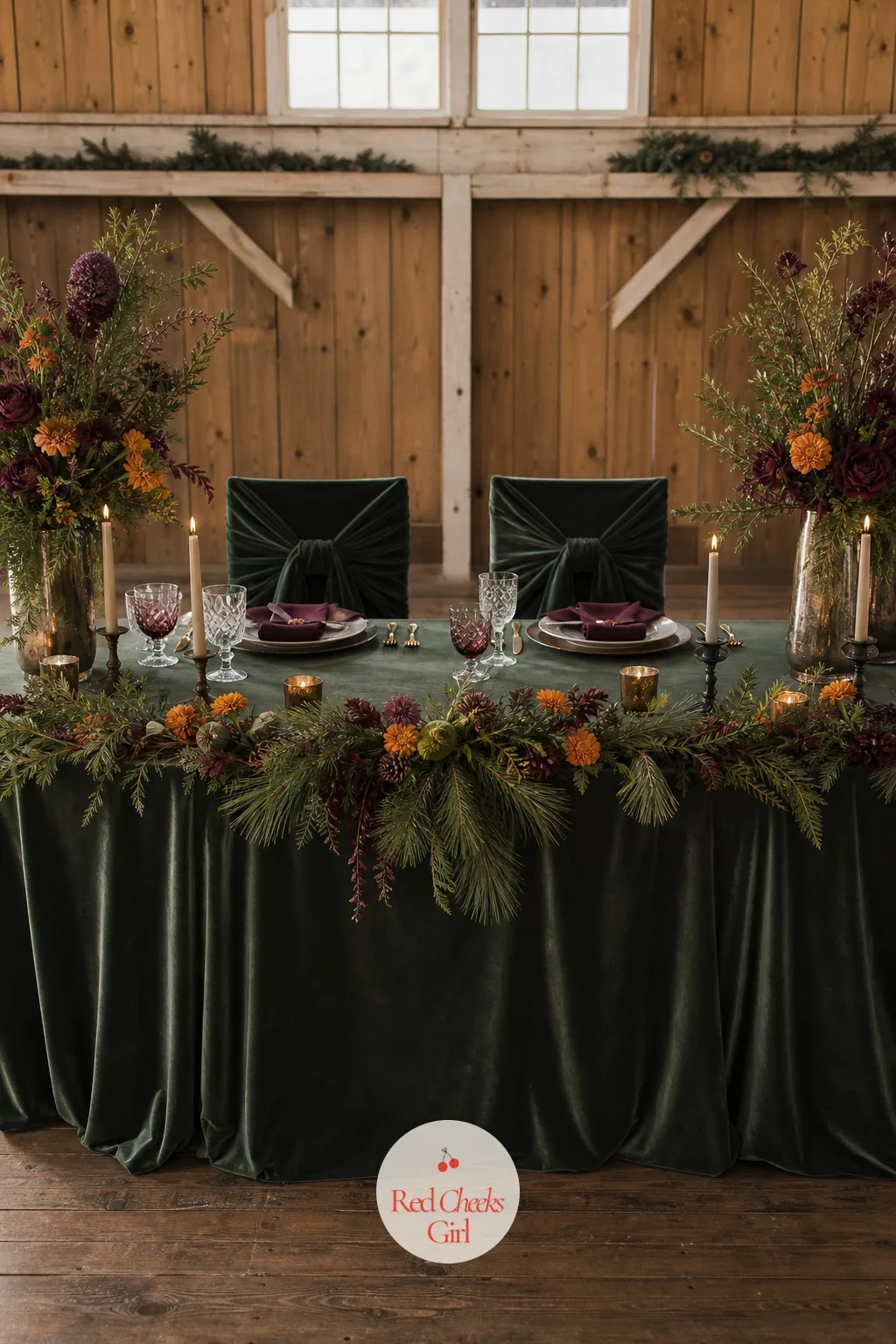 Sweetheart Table Dressed With Velvet Linens and Pine — The sweetheart table gets photographed more than almost anything else in the room, so it cannot be the