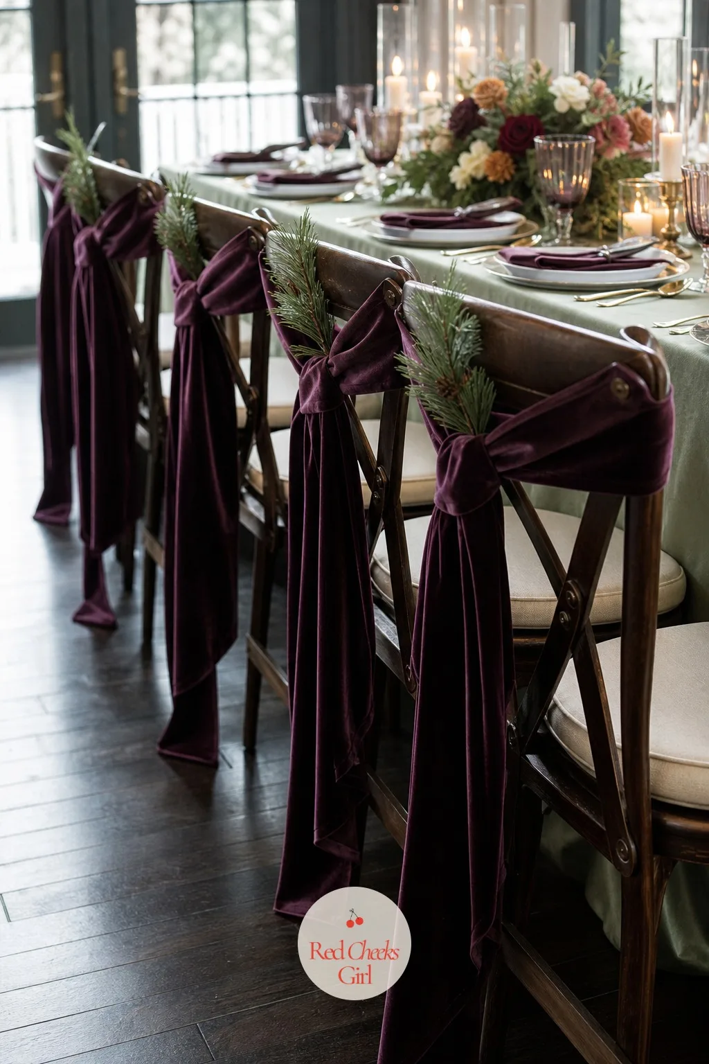 Velvet Chair Bows at the Head Table — Plain chairs at the head table disappear in every wide shot of the room, which is a shame since they are in nearly every
