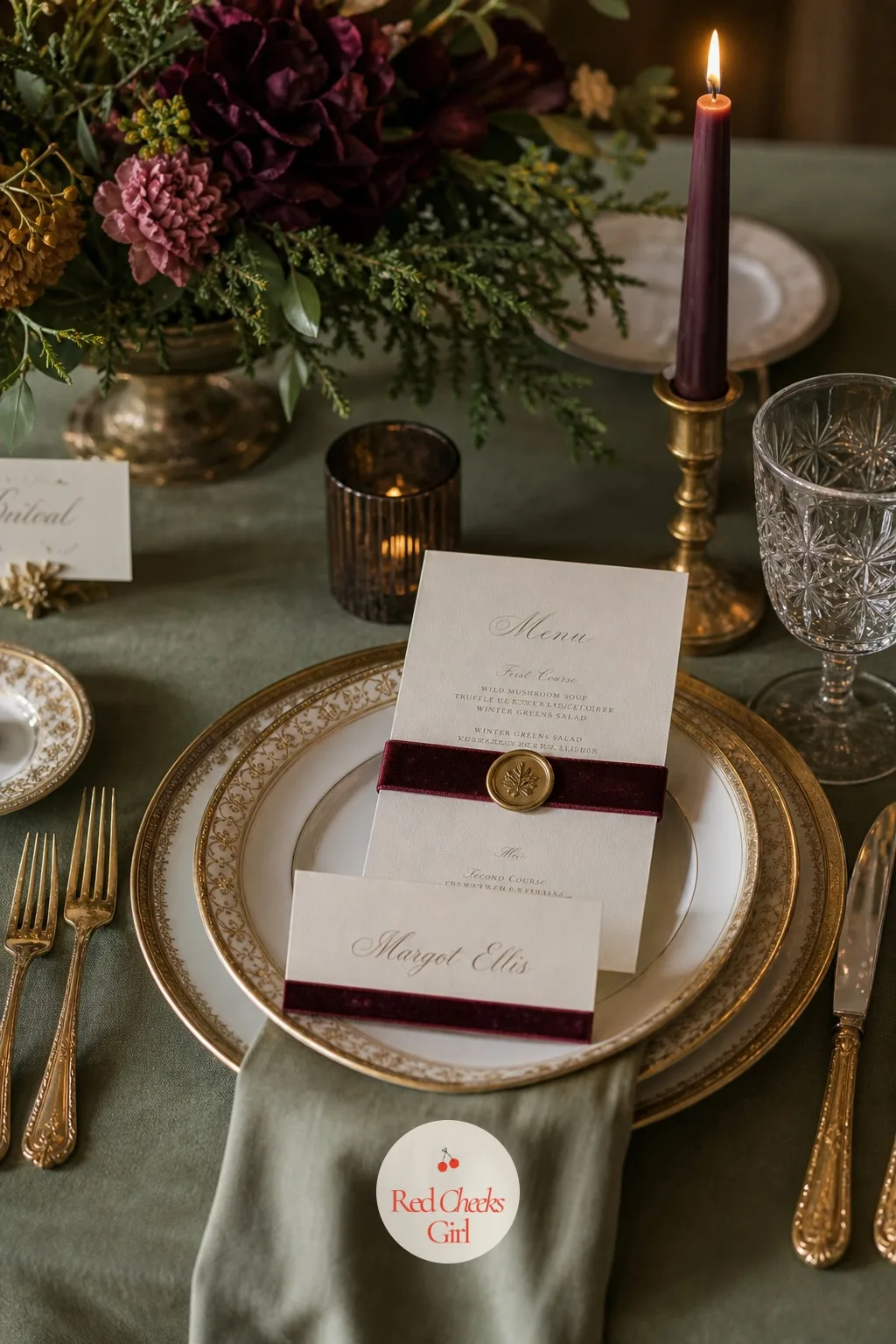 Velvet-Trimmed Place Cards and Menu Suite — Printed stationery alone looks thin once it is actually sitting on a fully dressed table next to real glassware and