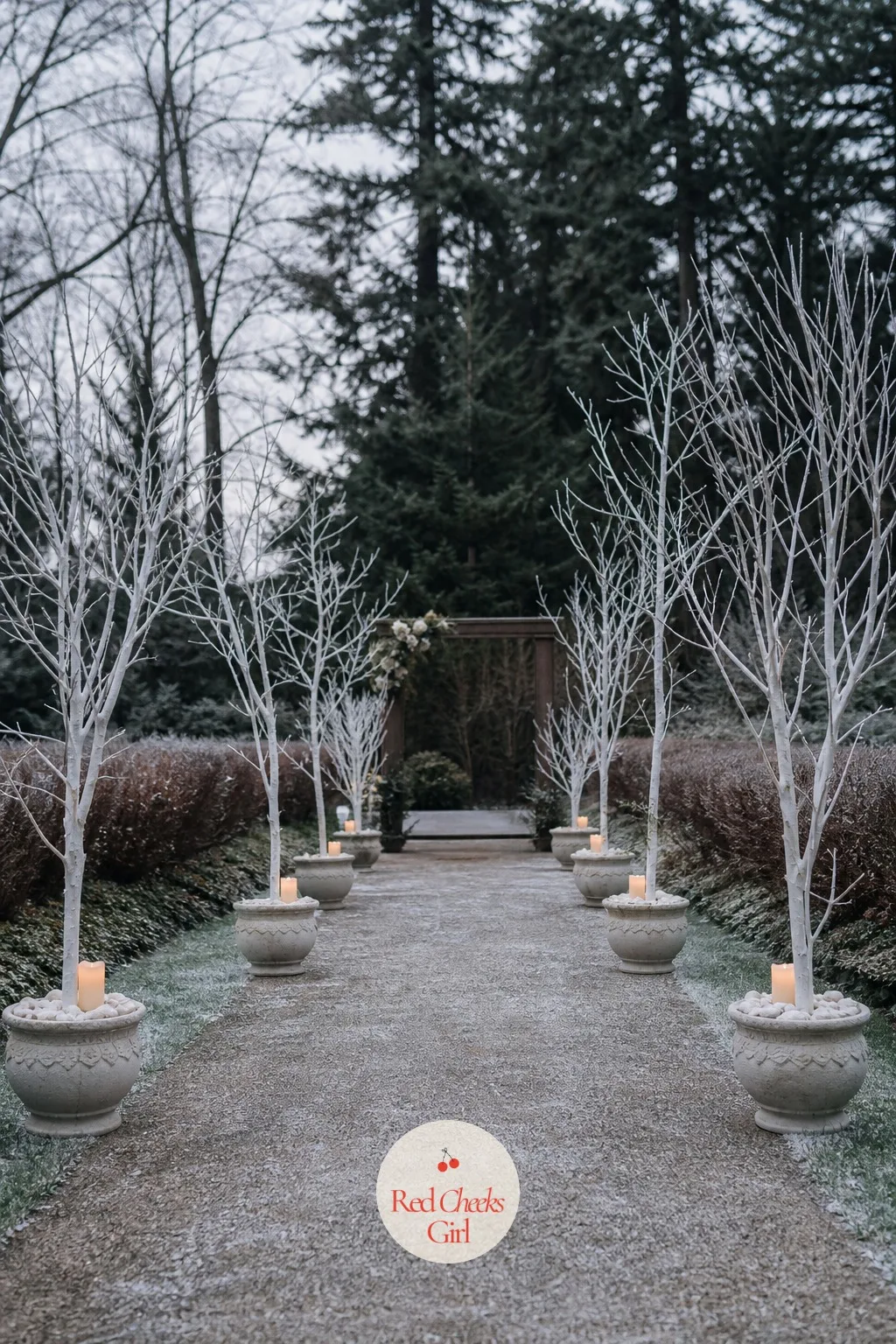 White Branch Lined Aisle — Petals blow away in a winter wind and look sad flattened on wet ground by the time she actually walks down. Winter wedding ideas