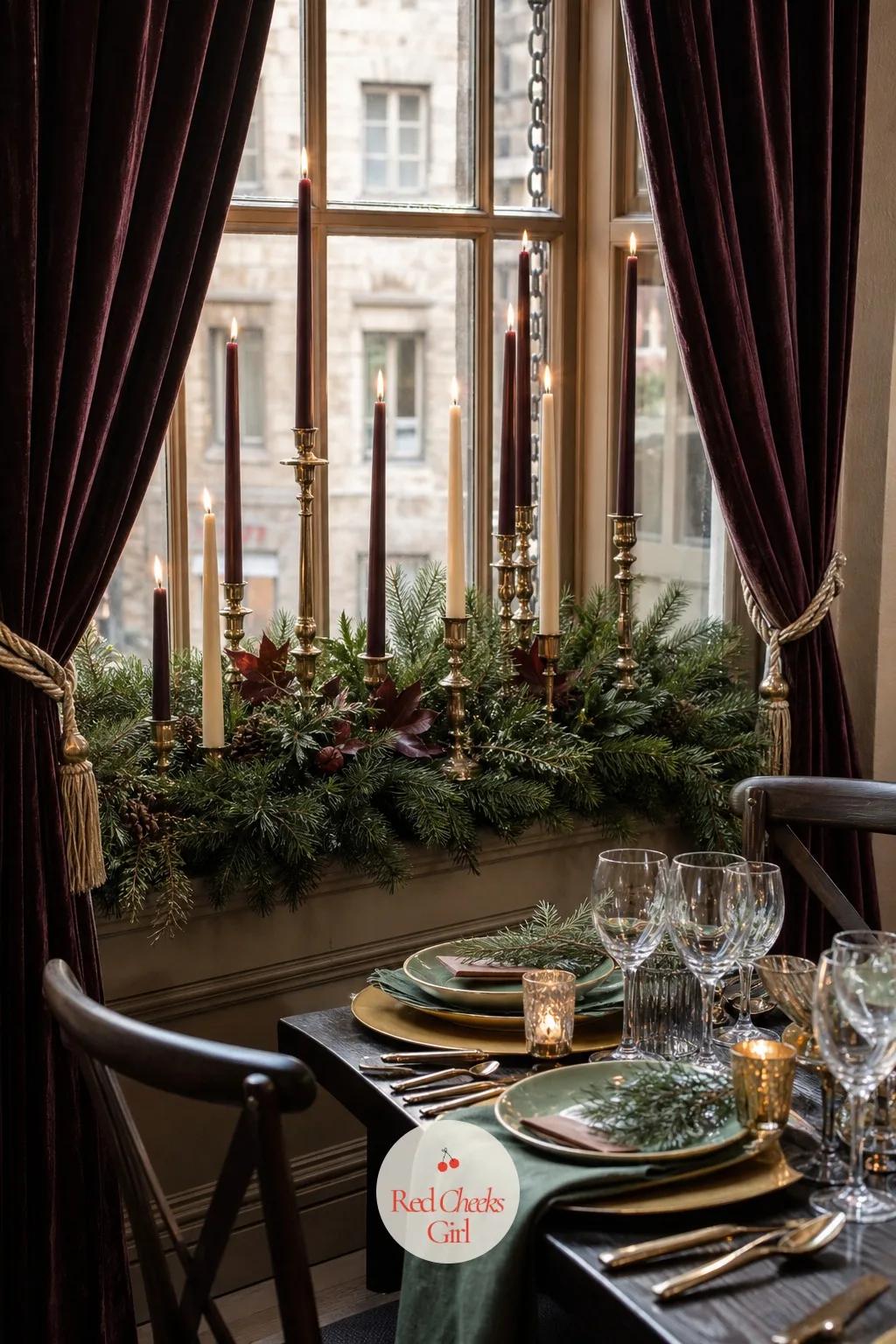 Window Ledge Dressed With Pine, Candles and Velvet Drapery — A bare window after dark just reflects the room back at itself, which is a wasted wall in a space