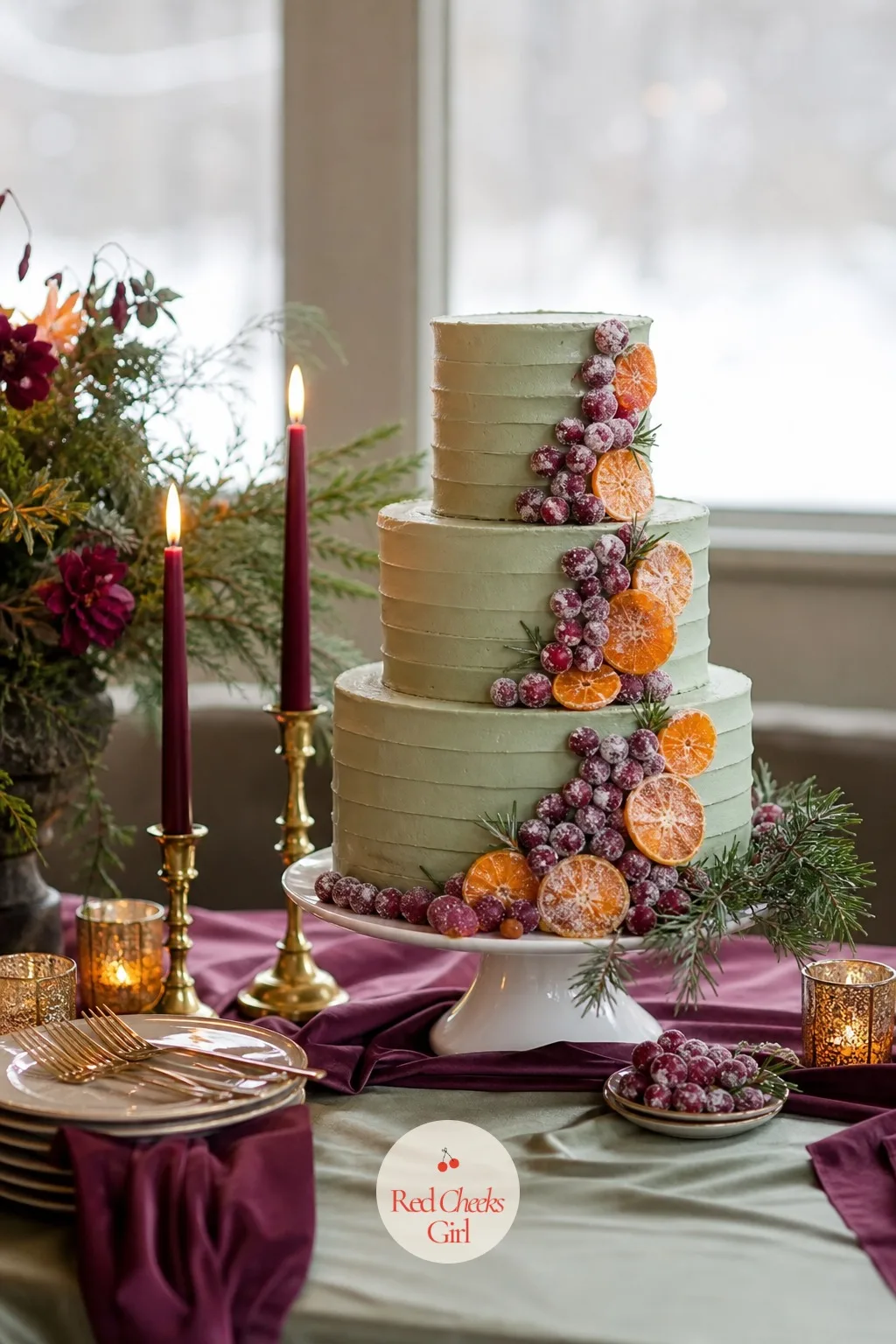Winter Wedding Cake With Sugared Fruit and Greenery — A plain white tiered cake can look like it belongs at any wedding, in any season, which is exactly what