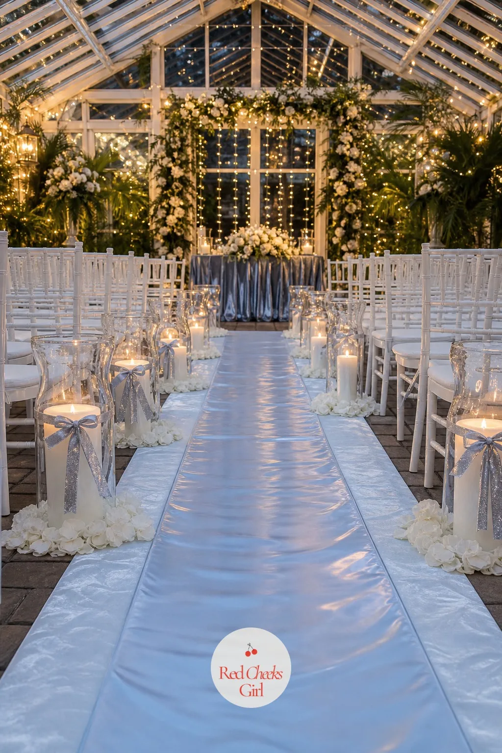 Candlelit Hurricane Aisle — An aisle with nothing but chairs either side feels longer than it is, and colder too. Winter wonderland wedding