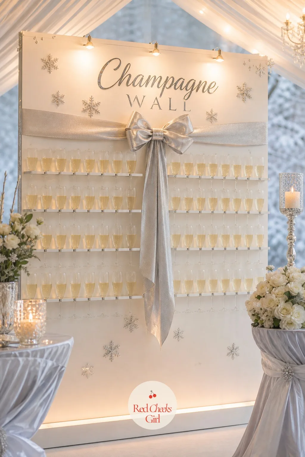 Champagne Wall With Silver Ribbon — A standard champagne toast means a server working the room with a tray, which is fine but forgettable. Winter wonderland