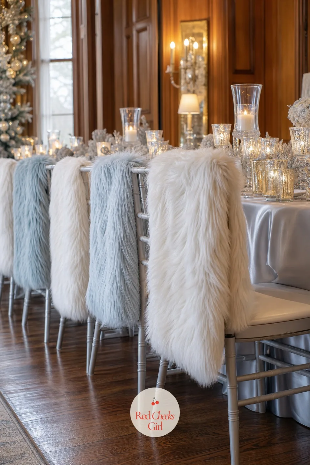 Faux Fur Draped Reception Chairs — Guests sit in the same chair for three hours straight, and a bare chiavari chair, however pretty, is not actually