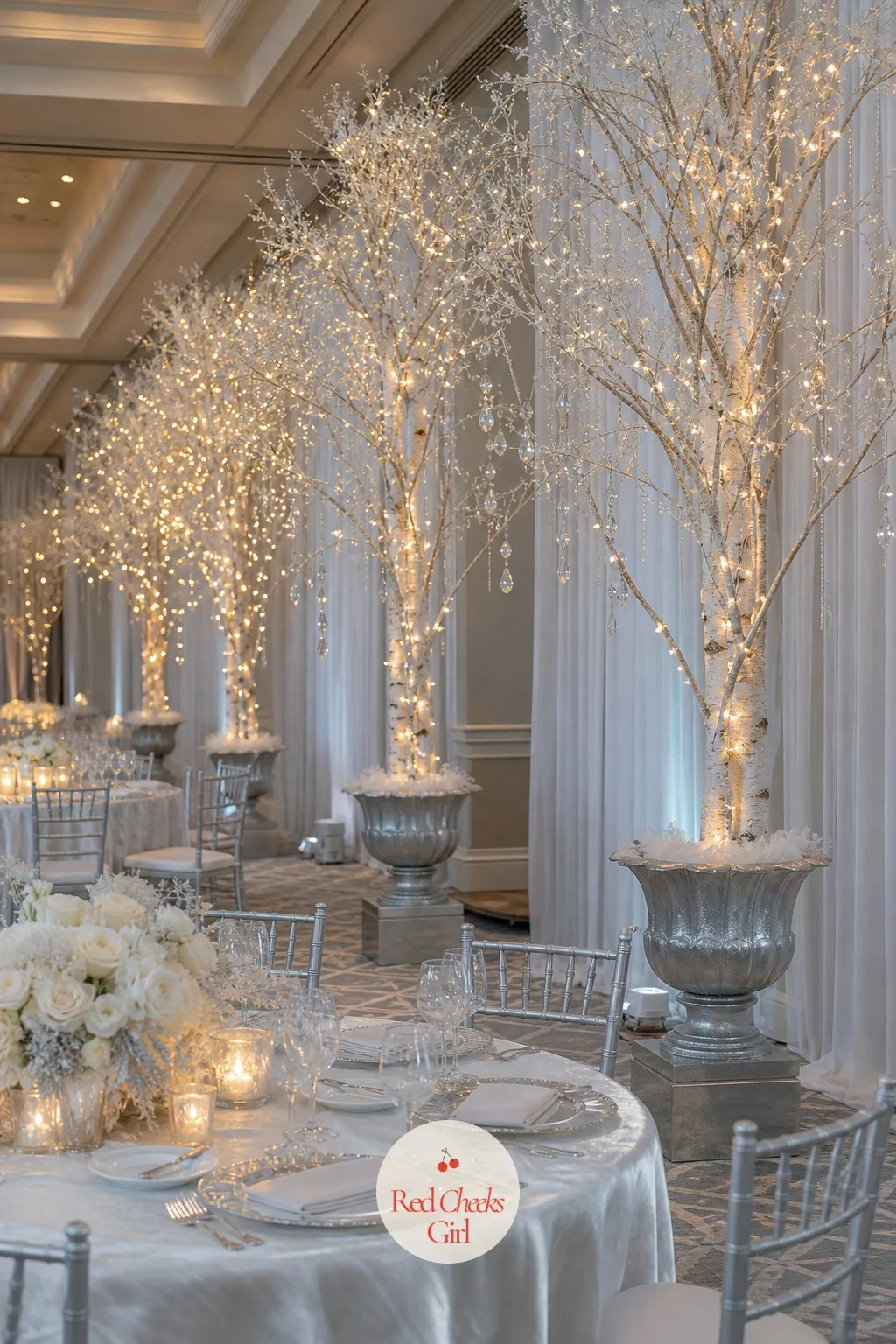 Frosted Birch Trees Along the Walls — A reception wall with nothing on it pulls the eye away from the tables, and a blank corner always photographs worse than