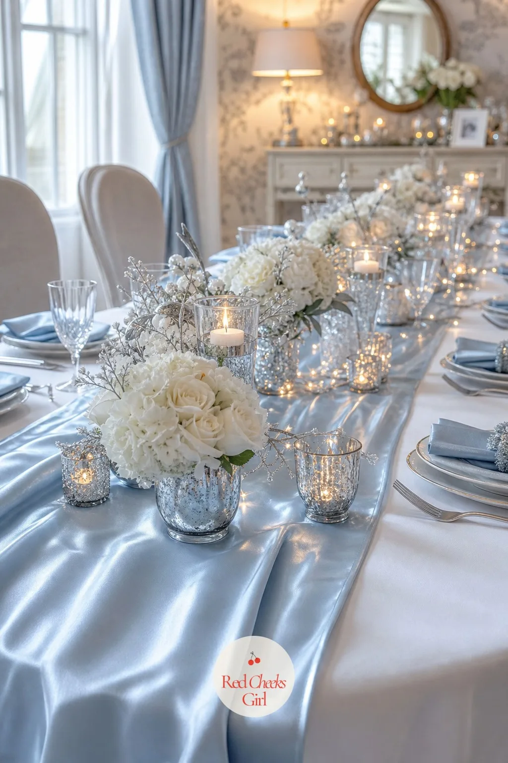 Icy Blue Satin Table Runner — A single white cloth across every table can start to look monotonous by the time guests reach dessert, and this is the cheapest