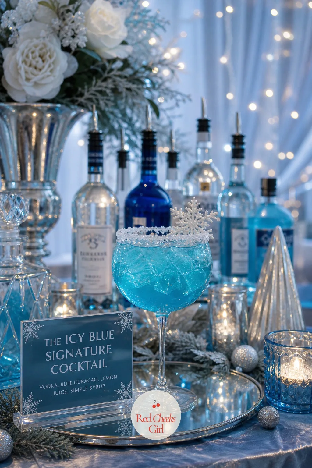 The Icy Blue Signature Cocktail — A full bar is fine, but one named cocktail in the exact shade of the palette gives guests something to order that feels like