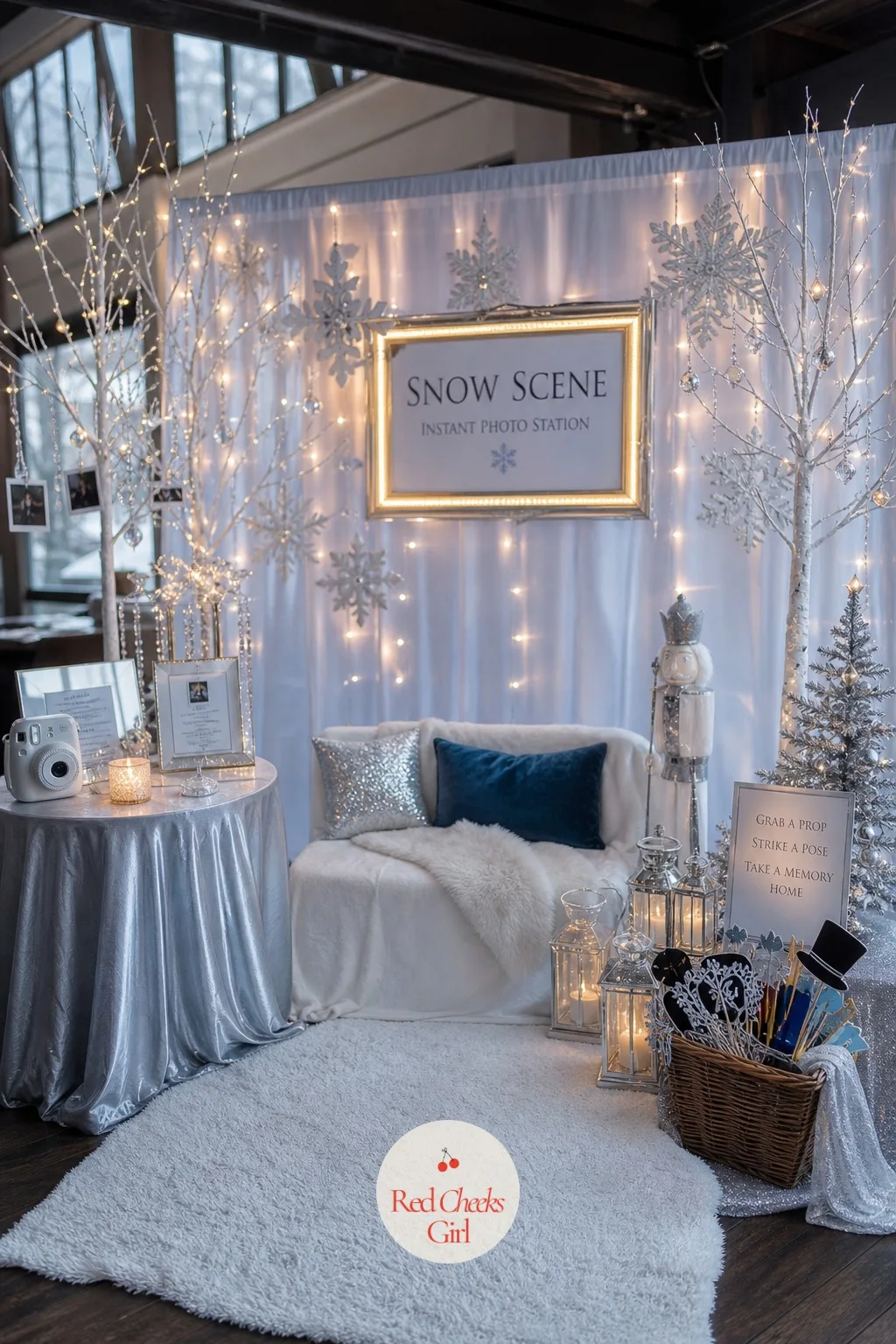 Photo Backdrop: Snow Scene Instant Photo Station — Guests always want a photo to take home that is not just a phone screenshot, and a corner set up for it