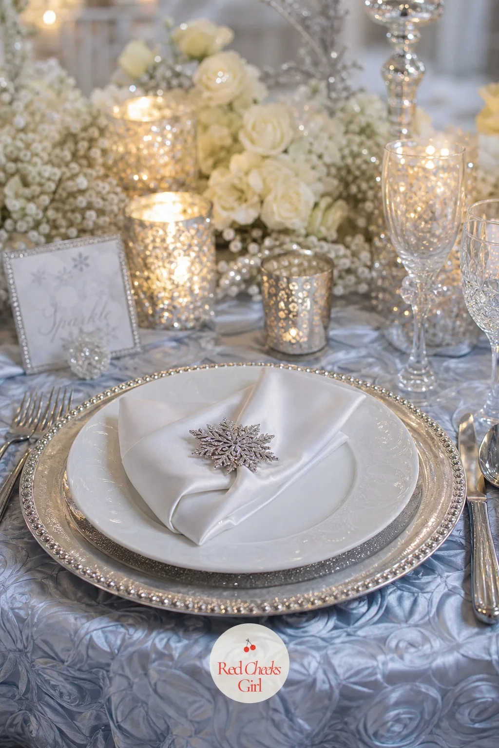 Silver Charger Plates — A white dinner plate set directly on a cloth looks bare before the first course even arrives, and this is the quickest fix on the whole