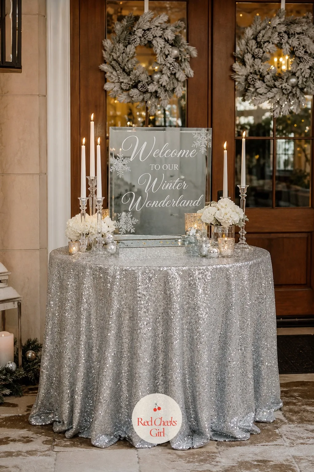 Silver Sequin Welcome Sign Table — The first table guests actually stop at is the welcome table, and a plain cloth and a printed sign do not hold up next to