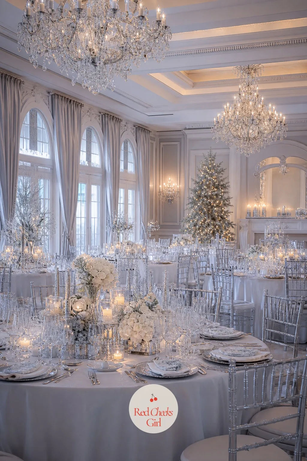 Silver and White Reception Room With Crystal Chandeliers — Walk a guest into the reception and the room itself should do the talking before a single