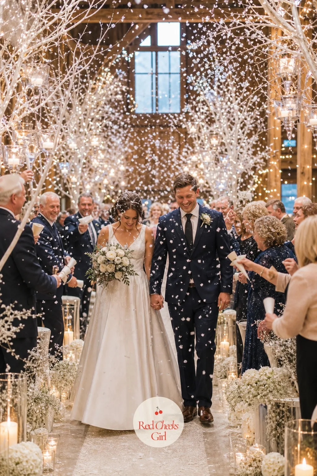 Snow Confetti Recessional — The walk back up the aisle as a married couple is the one moment every photographer is waiting for, and it deserves more than an