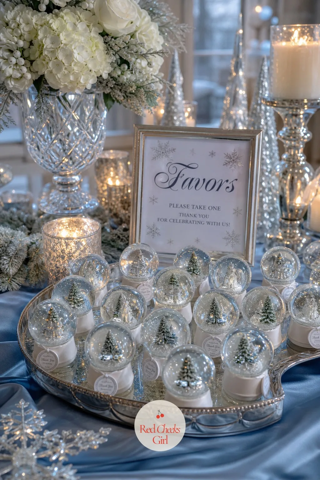 Snow Globe Favors — A favor table with nothing but a bowl of mints does not match everything that came before it. Winter wonderland wedding