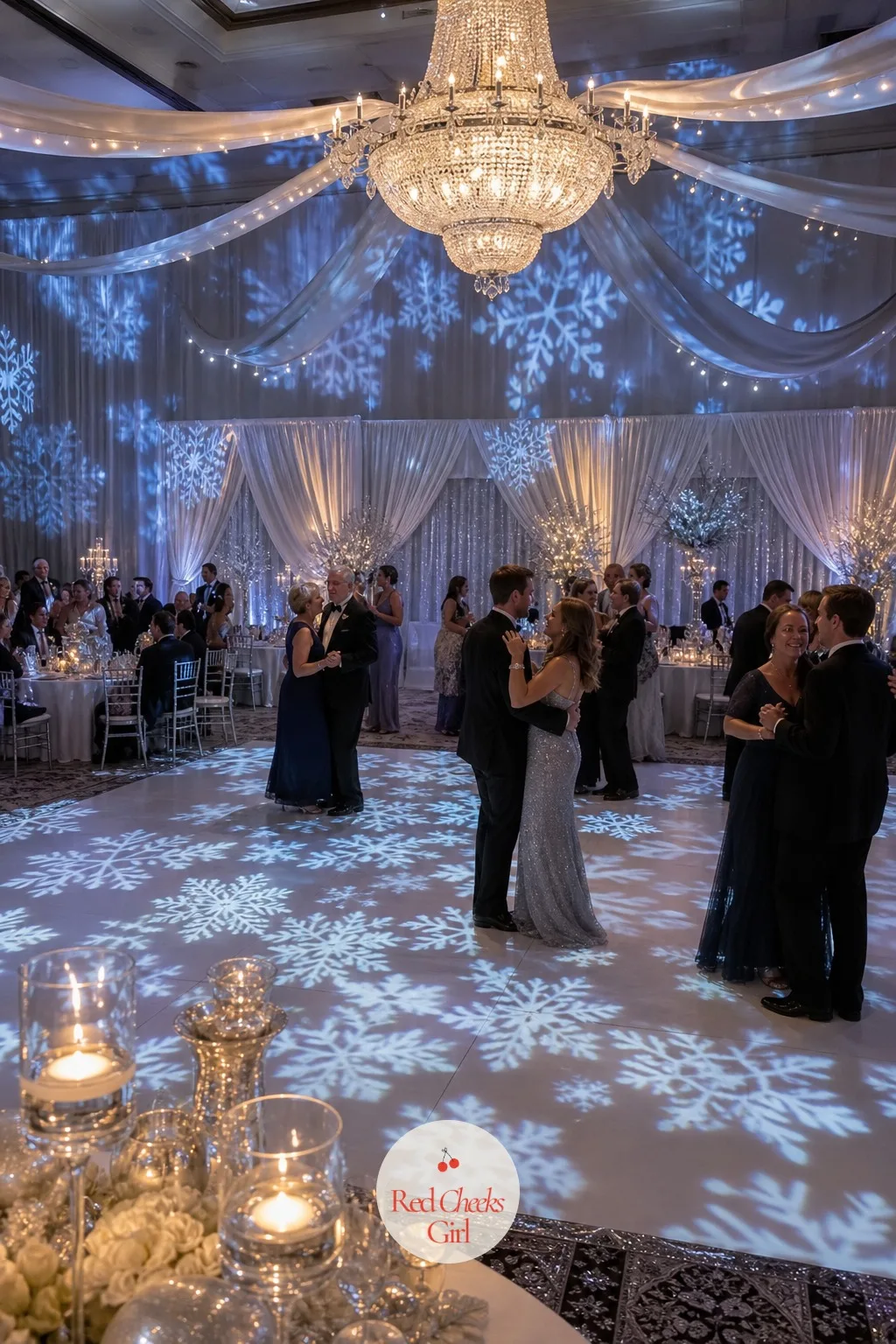 Snowflake Gobo Over the Dance Floor — A dance floor under plain light looks like any other dance floor, and this theme needs one small signature that says