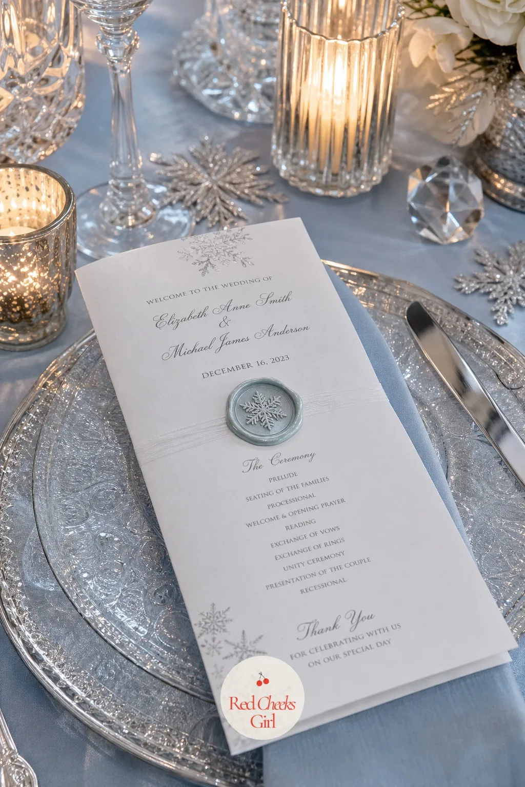 Wedding Programs With a Snowflake Wax Seal — A folded program handed out as guests take their seats is a small thing, but it is the first paper object anyone