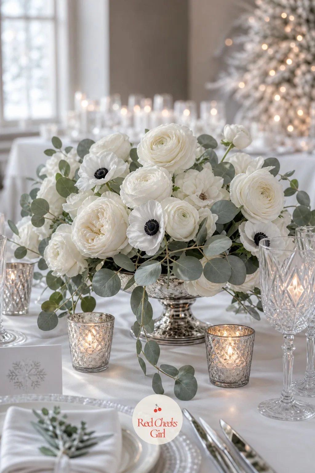 White Florals With Silver Dollar Eucalyptus — White flowers alone can read a little flat on a white table, which is exactly what the silver eucalyptus is for