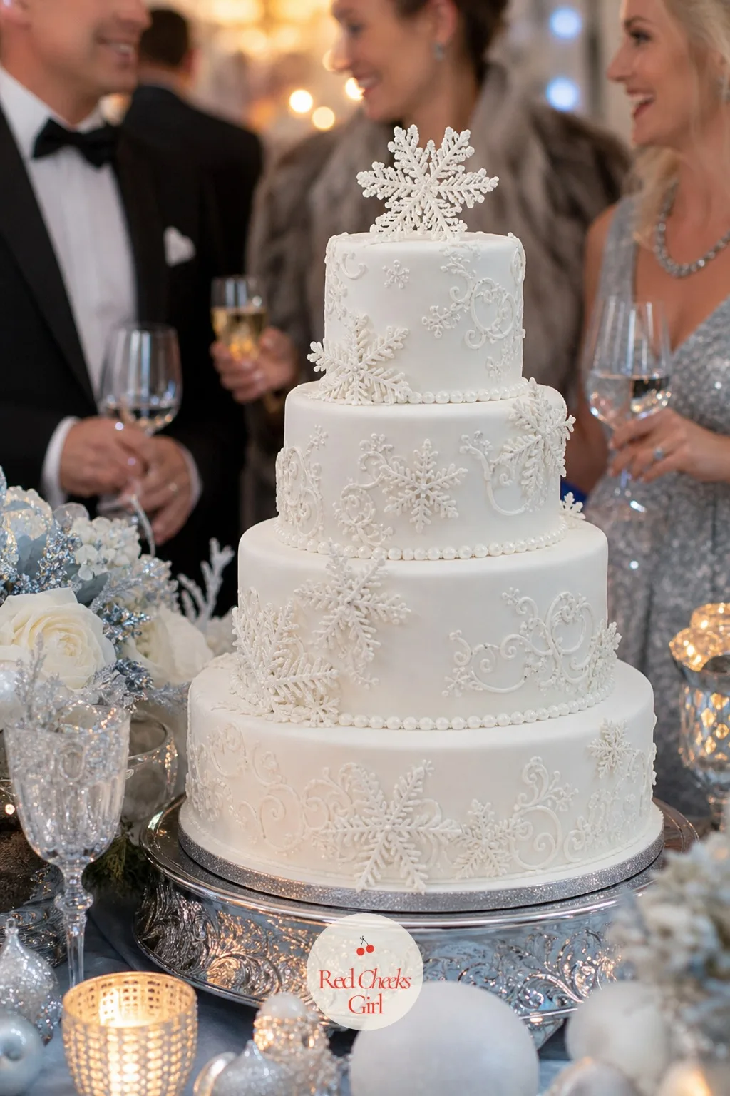 White Wedding Cake With Sugar Snowflakes — The cake is the one object every guest photographs up close, so it has to carry the theme without tipping into