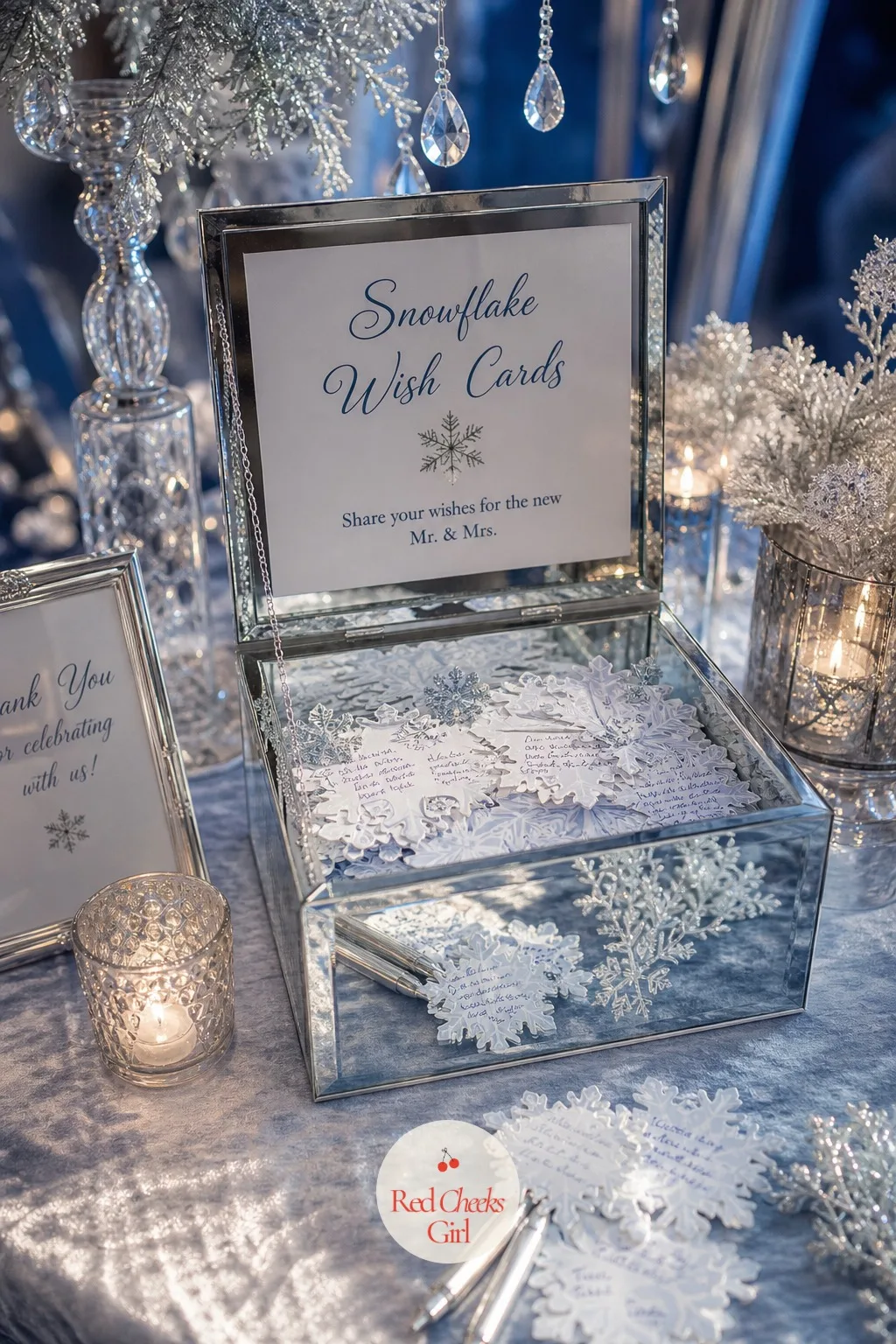 Winter Wonderland Guest Book: Snowflake Wish Cards in a Mirror Box — A traditional signing book gets forgotten on a side table by the second hour. Winter