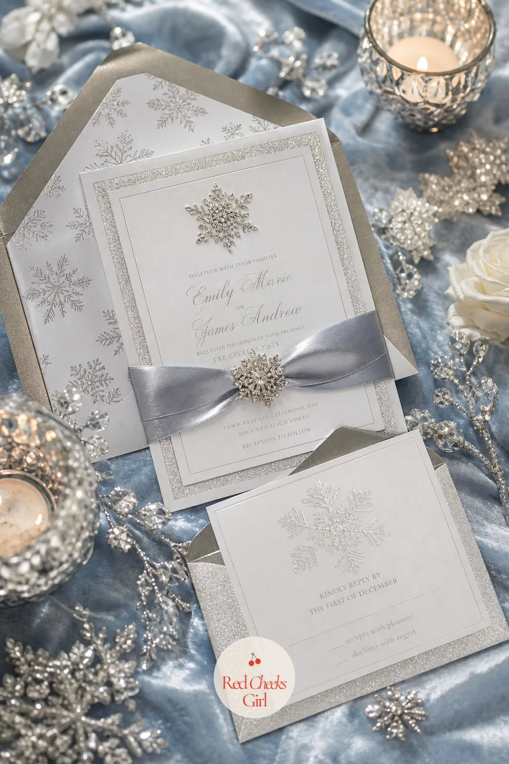 Winter Wonderland Wedding Invitation Suite — The invitation is the first thing any guest sees of the wedding, long before the branches or the chandeliers, so