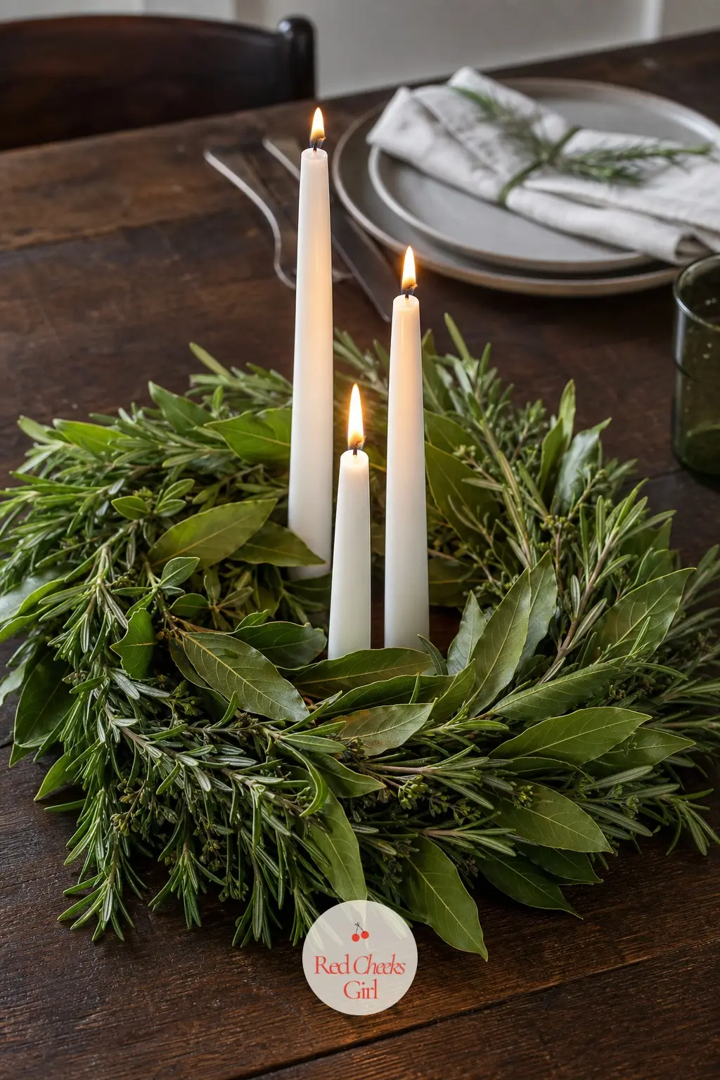 Candlelit Rosemary and Bay Leaf Wreath Ring — A low ring of fresh rosemary and dried bay leaf sits flat on the table with three white taper candles rising from