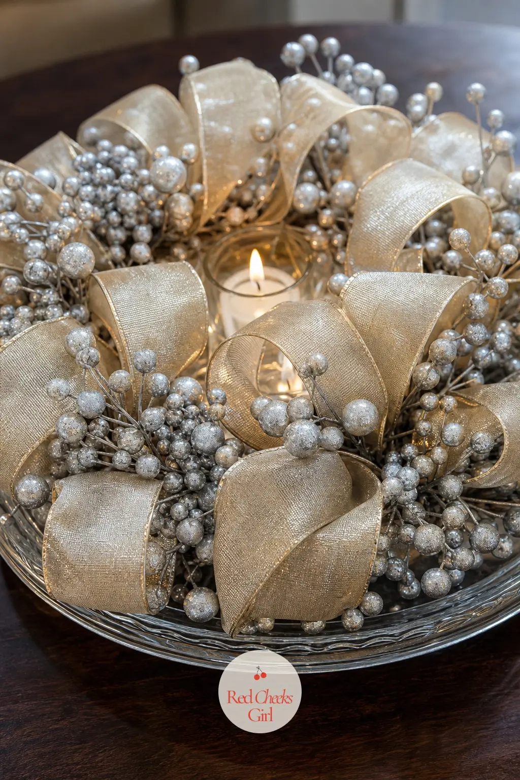 Champagne Ribbon and Silver Berry Wreath Centerpiece — Loops of champagne gold ribbon wired between clusters of silver-sprayed berries give a table wreath