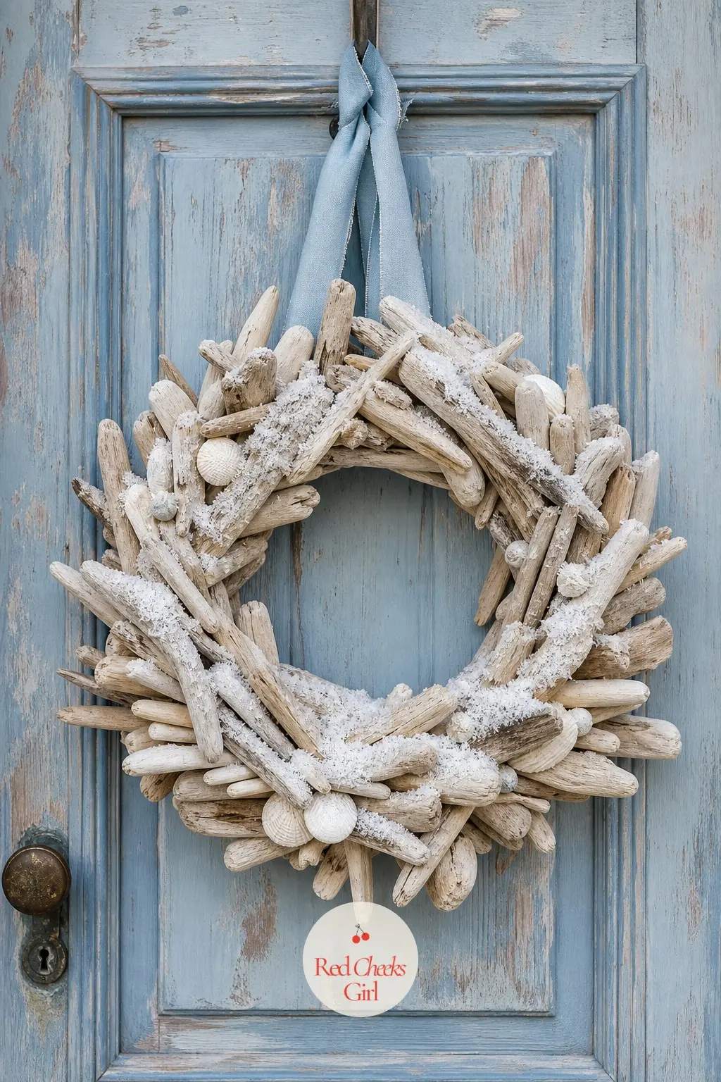 Driftwood and Sea Salt Wreath for a Pale Coastal Door — For a house that leans more weathered cottage than alpine lodge, bleached driftwood pieces wired into a