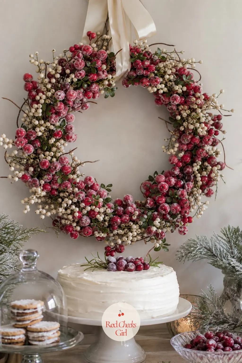 Frosted Cranberry and White Pepperberry Wreath Above the Dessert Table — Deep red frosted cranberries against pale white pepperberries give a wreath hung above