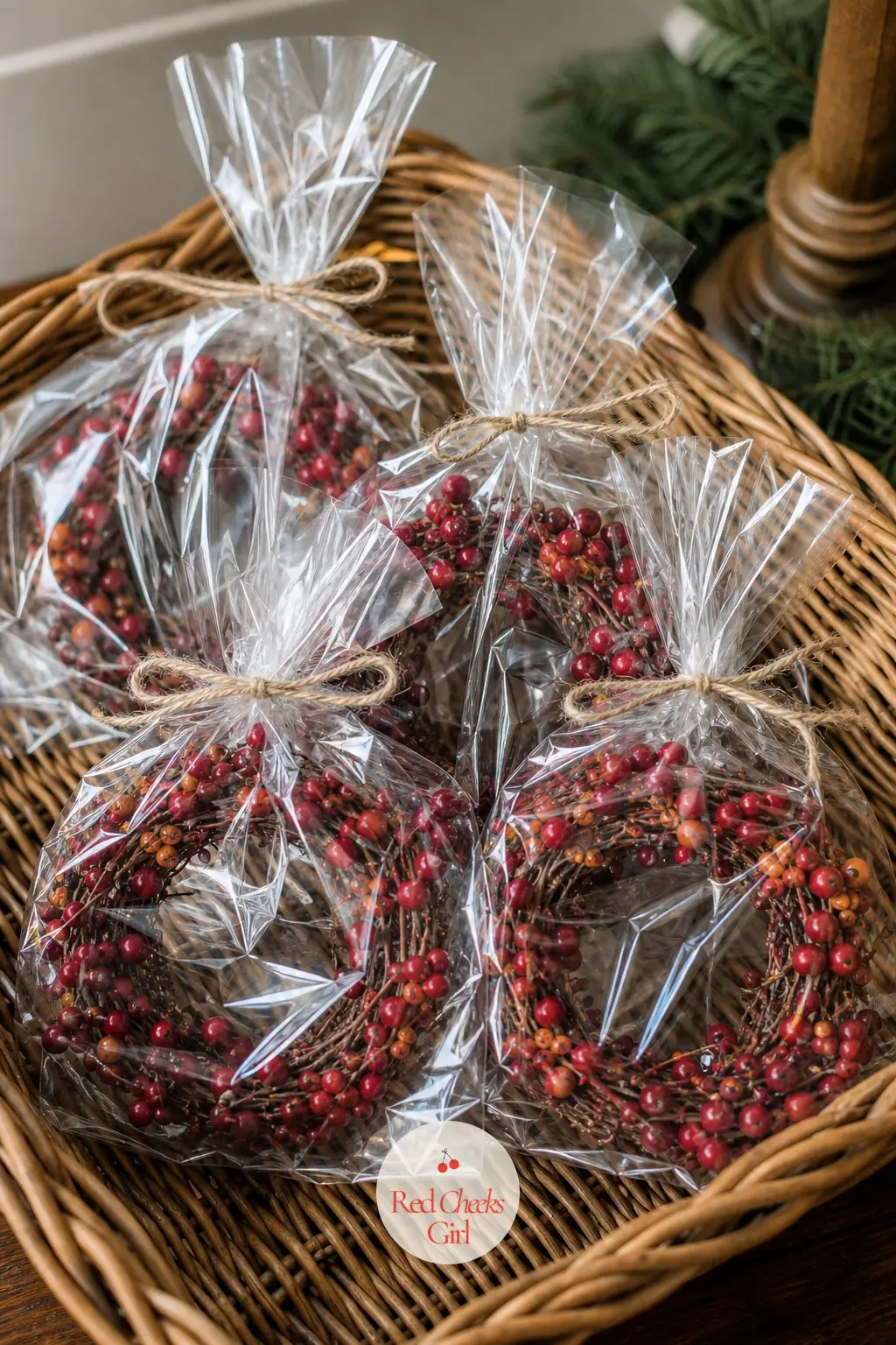 Mini Winter Berry Favor Wreaths in Cellophane Bags — Small faux winter berry sprigs, a mix of deep red and burnt orange, get wired into rings small enough to