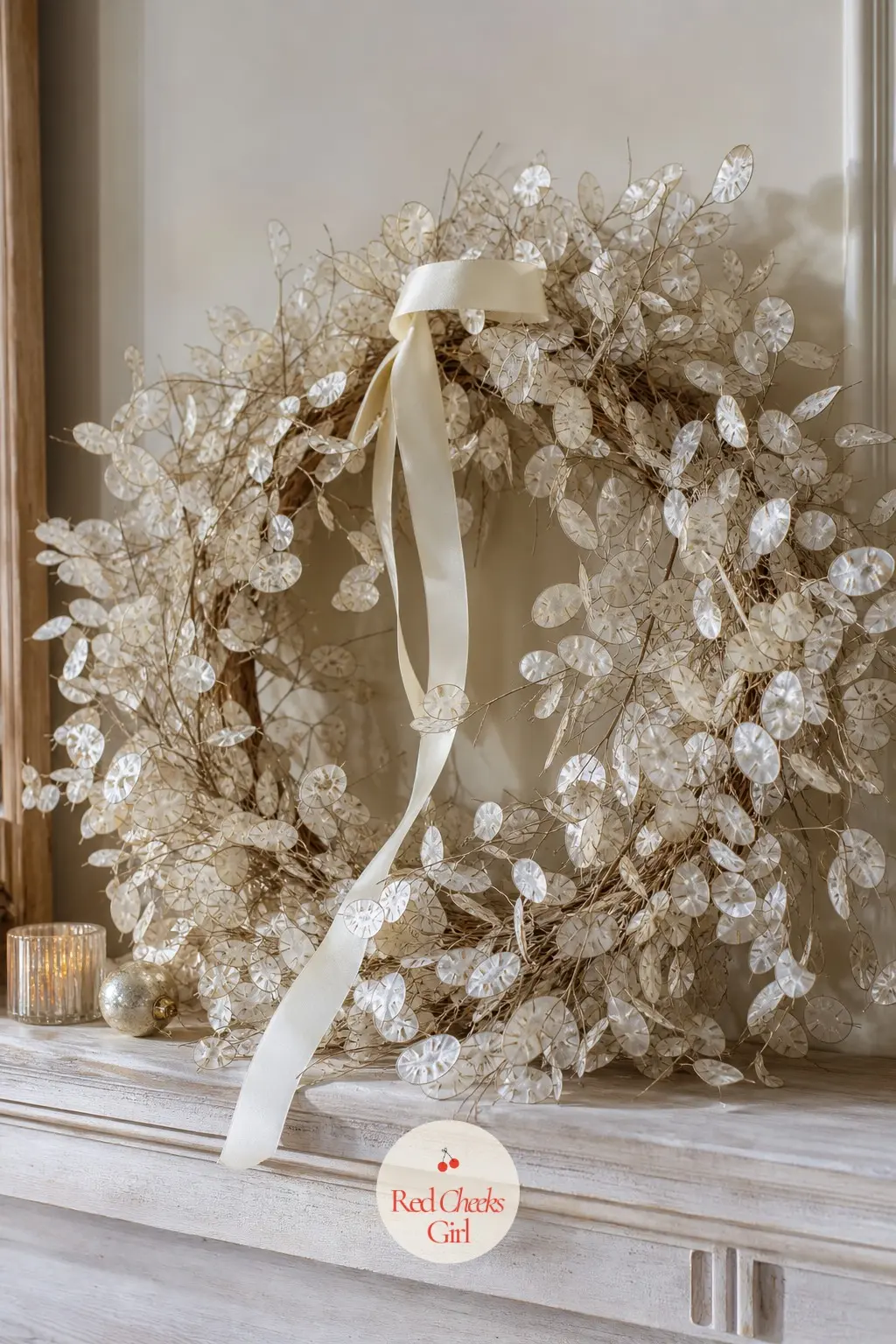Oversized Dried Lunaria Wreath for the Mantel — Lunaria, sometimes called silver dollar or honesty, dries into papery translucent discs that catch candlelight