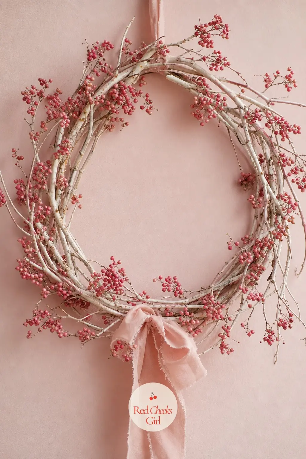 Pale Pink Peppercorn and Birch Twig Wreath — Thin pale birch twigs, bent into a loose open ring rather than packed tight, let a scatter of pink peppercorn