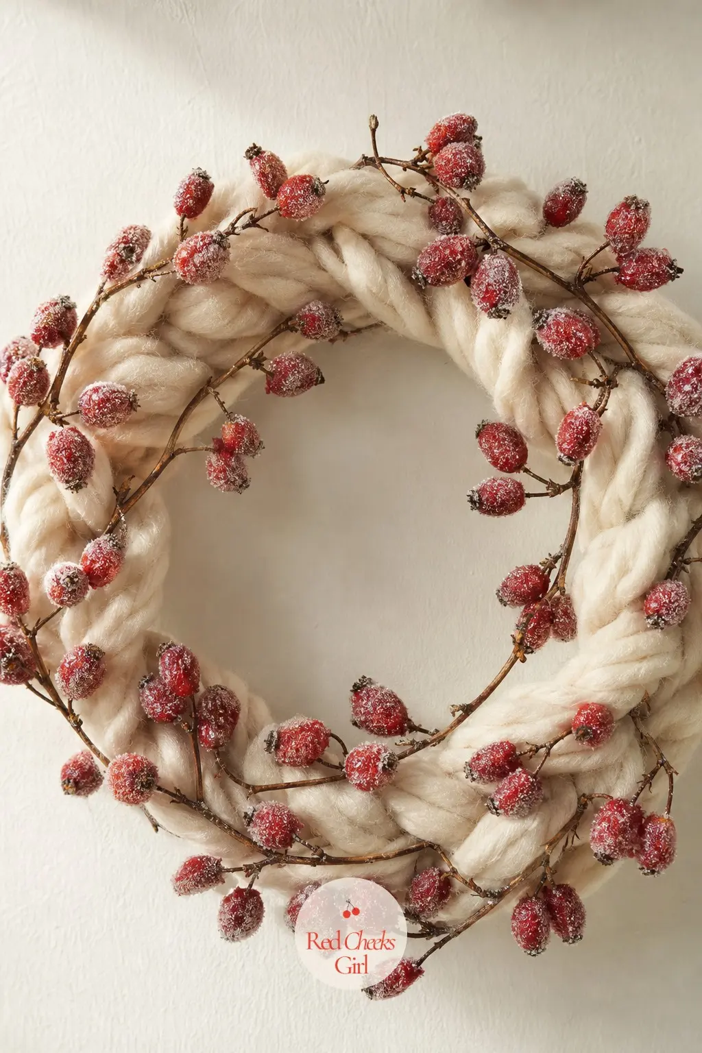 Sugared Rosehip and Ivory Wool Wreath — Deep red rosehips brushed with clear glue and dipped in sugar crystals get a faint sparkle that holds for months in a