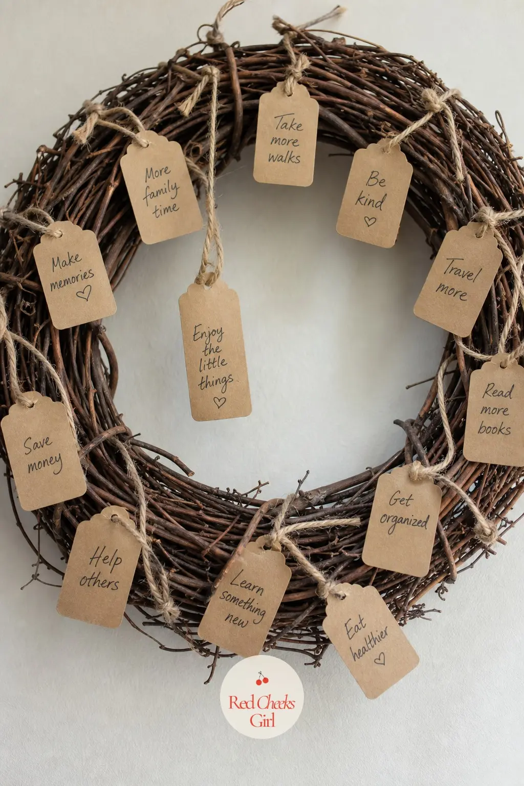 A Wish-Ribbon Grapevine Wreath for New Year Notes — A bare grapevine wreath hung with a stack of blank kraft tags and a spool of twine gives guests somewhere