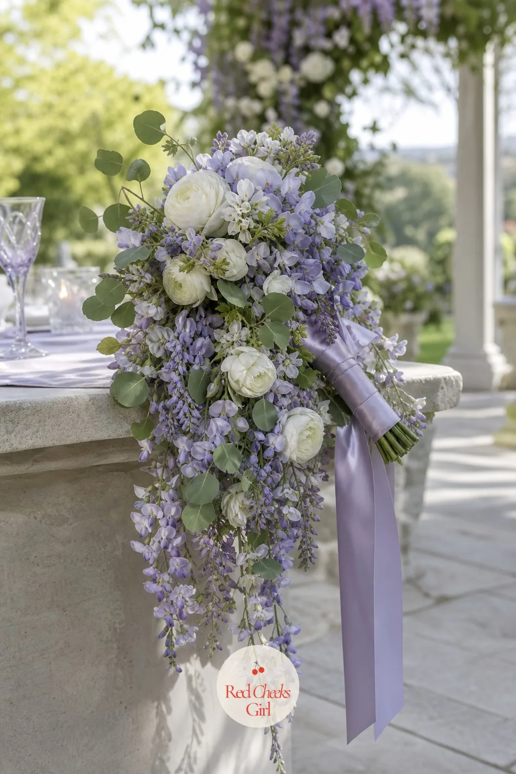 A Cascading Wisteria Bridal Bouquet — The bouquet is the one place the whole room gets a close look at the theme, held at waist height for every photo of the
