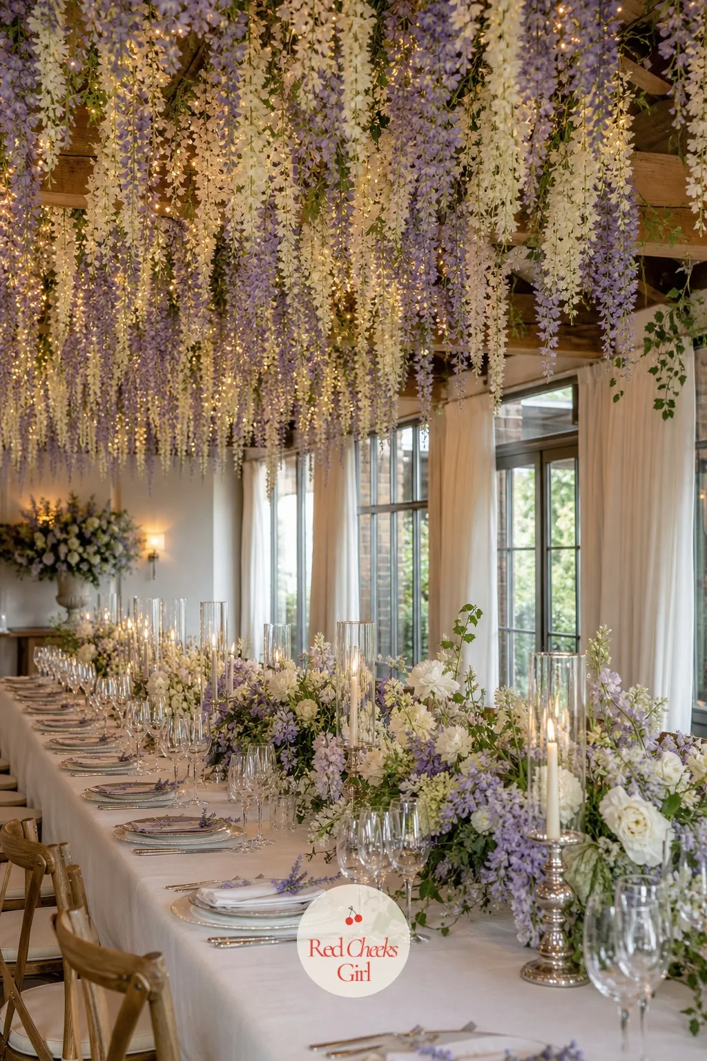 Hanging Wisteria Ceiling Over the Reception Tables — Nobody looks at a bare ceiling twice, but a low curtain of lilac and white blooms hanging the full length