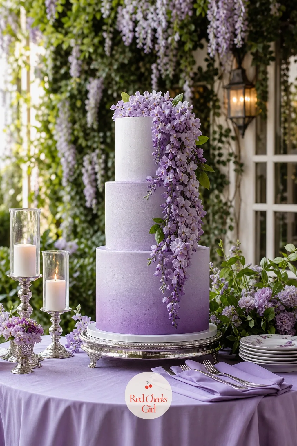 A Lilac Cake with Sugar Wisteria — The cake table gets its own quiet moment, standing against its own backdrop rather than a bare wall, with sugar flowers