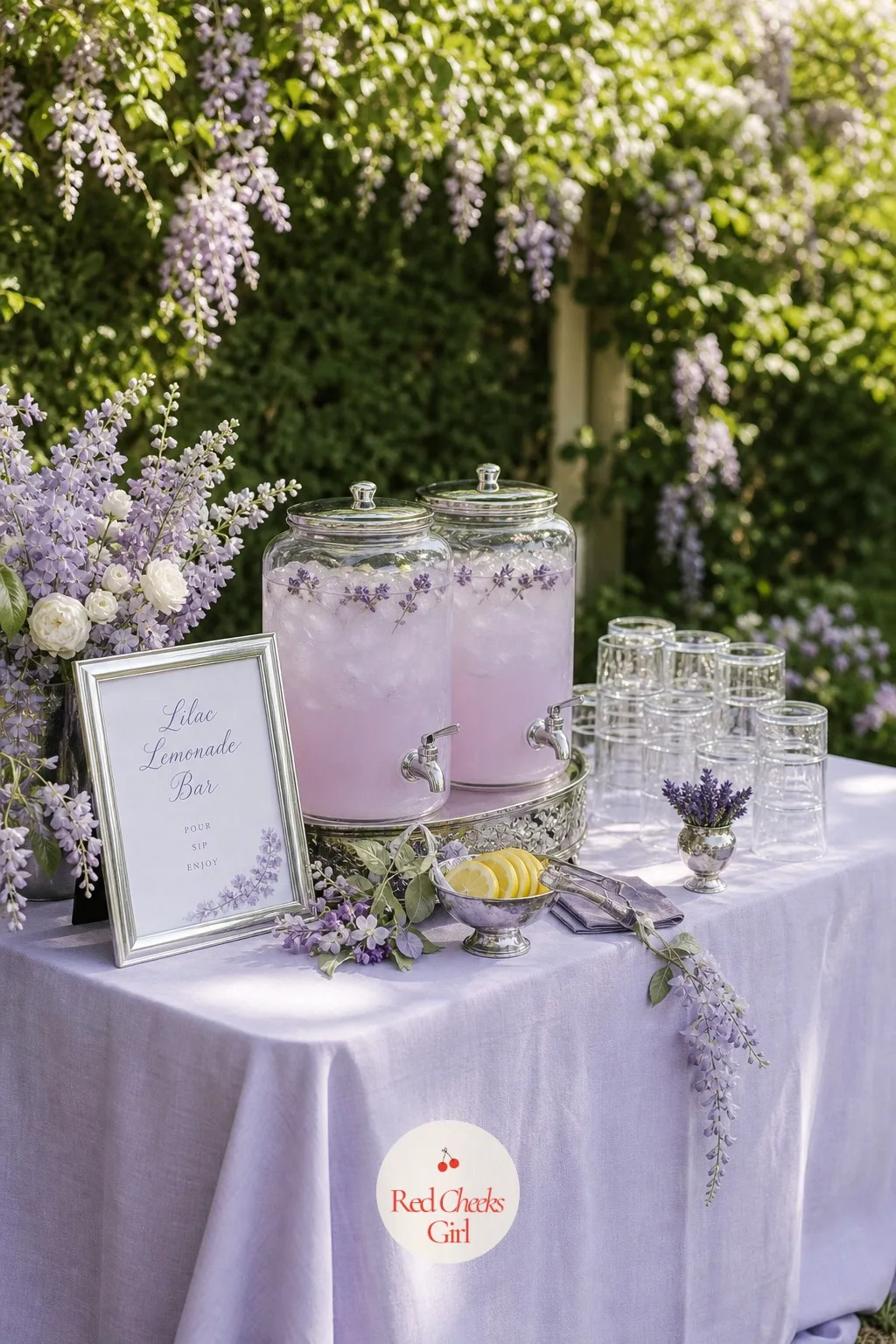 A Lilac Lemonade Bar — Guests need somewhere to help themselves between the ceremony and dinner, and a table of pale lilac lemonade does double duty as both