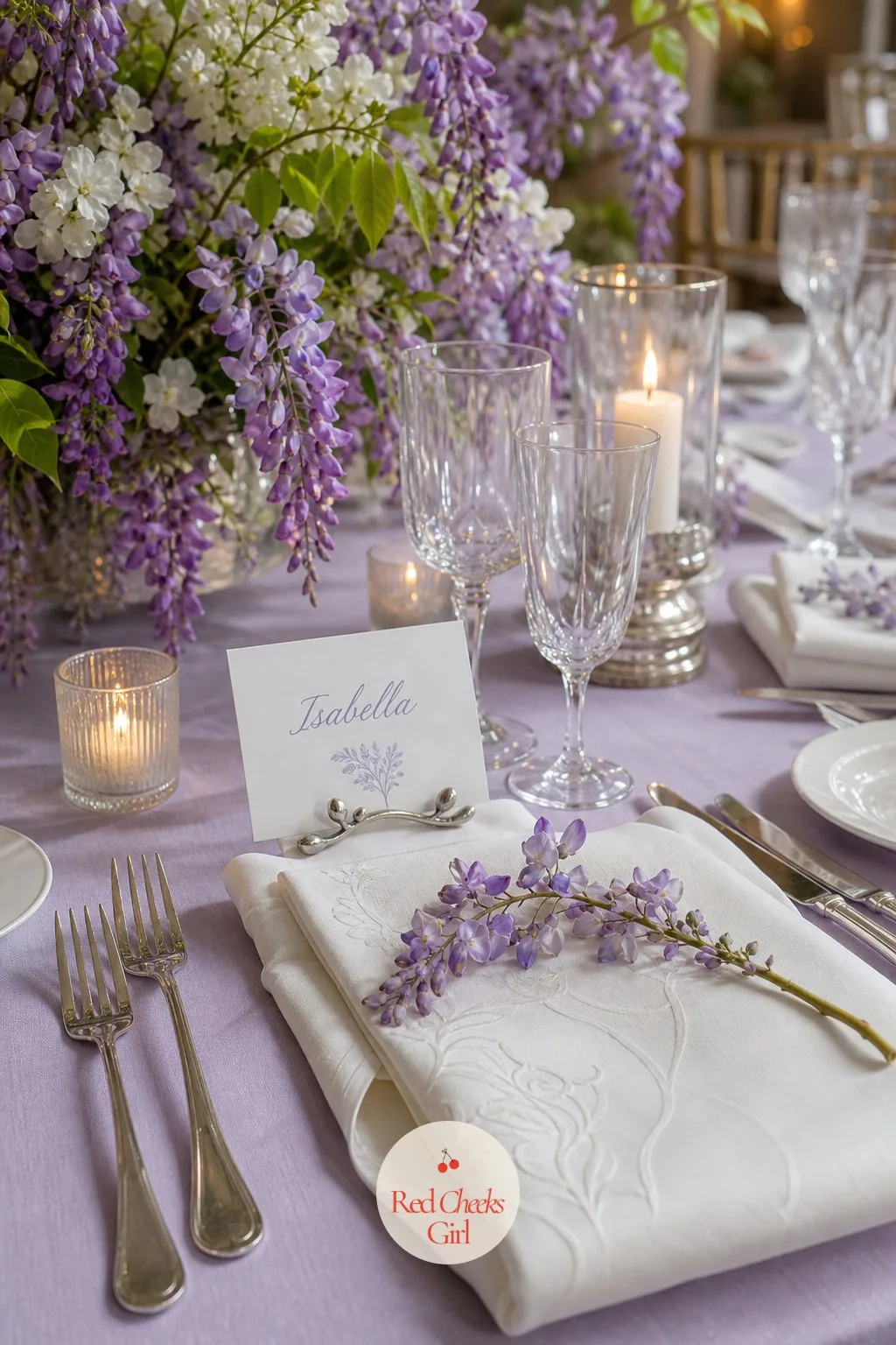 Lilac Place Cards in Wisteria Holders — Finding a seat should feel like one more small detail of the theme rather than a printed card stuck in a plastic stand.