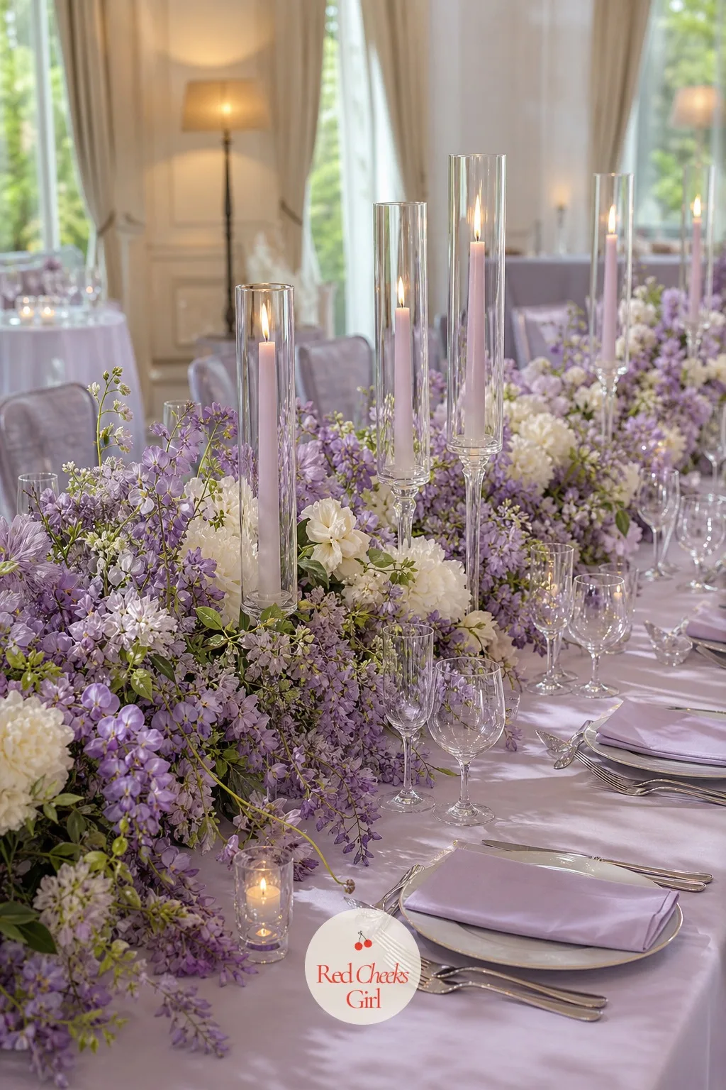 A Lilac and White Tablescape with Glass Candle Holders — Once dinner starts, the theme comes down to table height and stays there the rest of the night.